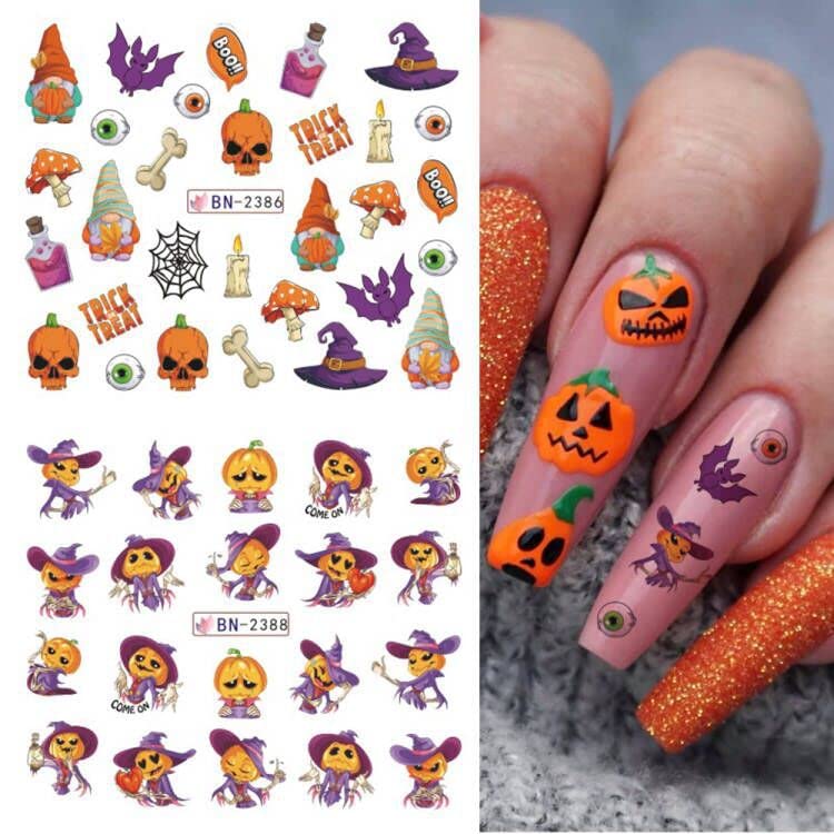 Halloween Nail Stickers - Day of The Dead Water Transfer Nail Decals with Skull, Ghost, Pumpkin & Witch Designs - 12 Sheets for Halloween Party Manicure & Nail Art Supplies - Perfect for Costume Parties, Trick or Treating & Spooky Nail Designs