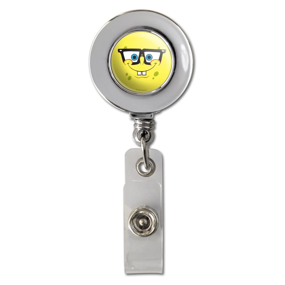 Spongebob Nerd Face Retractable ID Badge Reel Holder - Chrome Plated Metal Card Clip for Work, School, or Convention Security Access