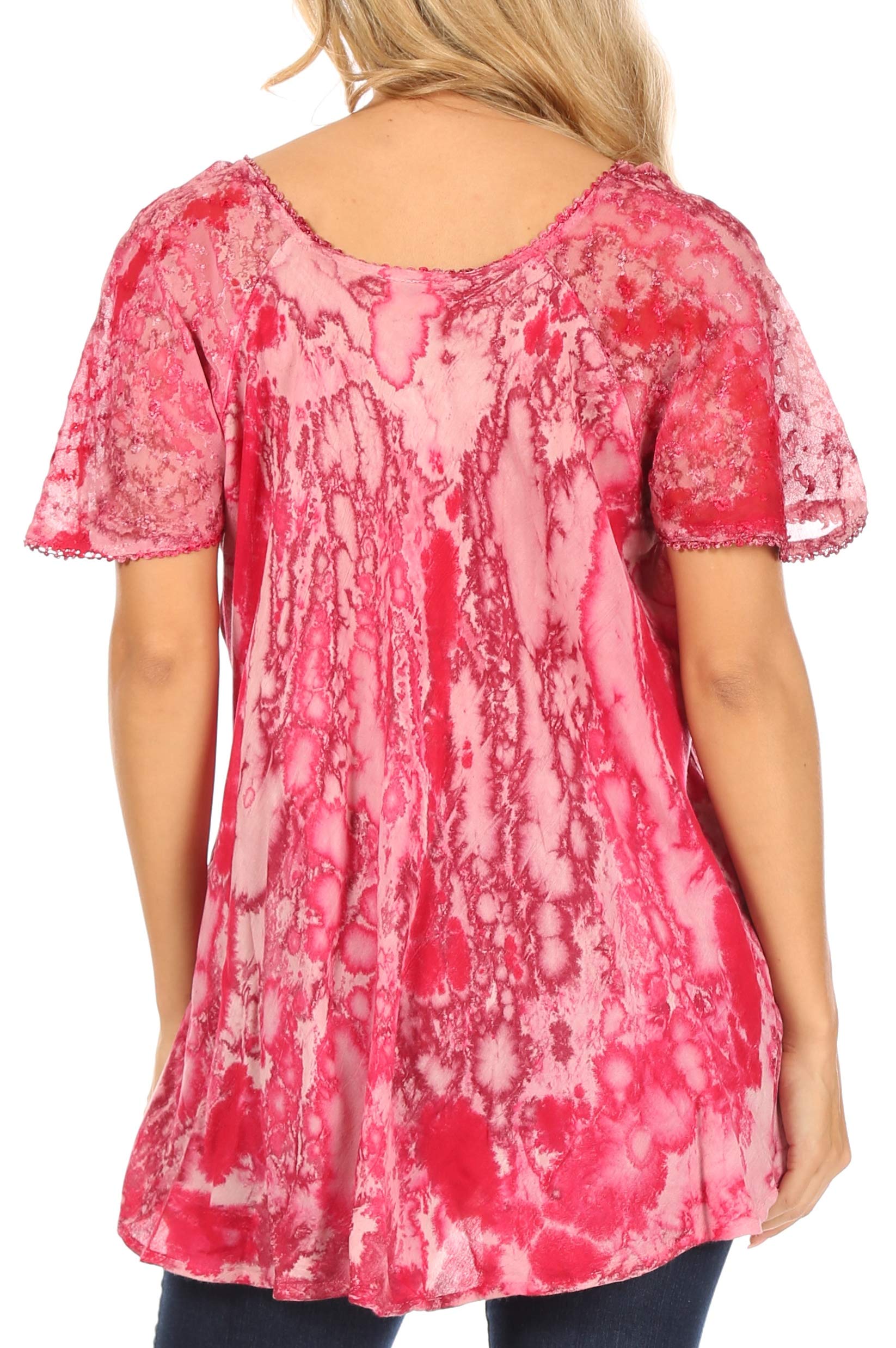 Sakkas Celia Marble Batik Short Sleeve Blouse for Women - Embroidered & Crochet Summer Top | Boho Chic Shirt for Beach Vacation, Date Night & Casual Outfits