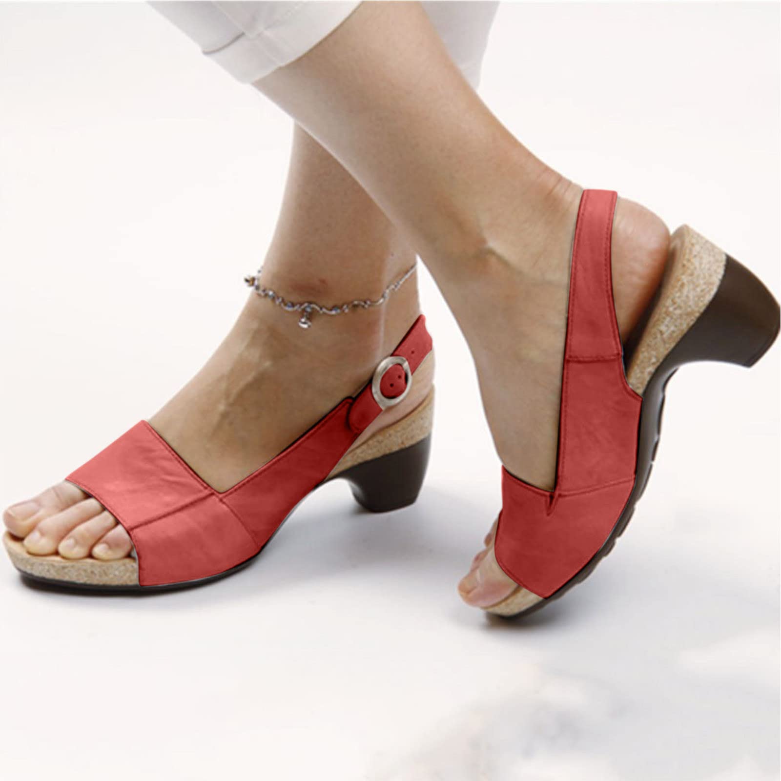 OiAni Women's Summer Chunky Heel Sandals - Comfortable Ankle Strap Buckle Open Toe Slingback Shoes for Casual Wear, Beach & Vacation | Fashion Ladies Sandals with Low Thick Heel