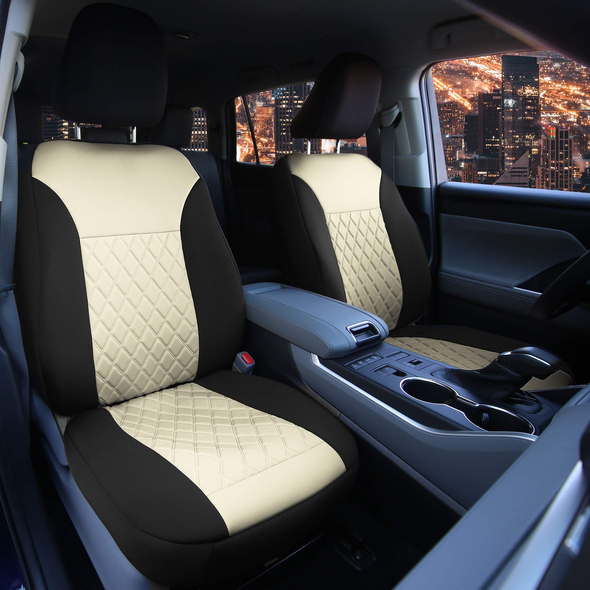 FH Group Neosupreme Car Seat Covers - 2 Pack Universal Fit Water Resistant Seat Cushions for Cars, Trucks & SUVs (Beige/Black) | Car Seat Protector for Comfort & Style | Perfect for Road Trips, Commuting & Family Travel
