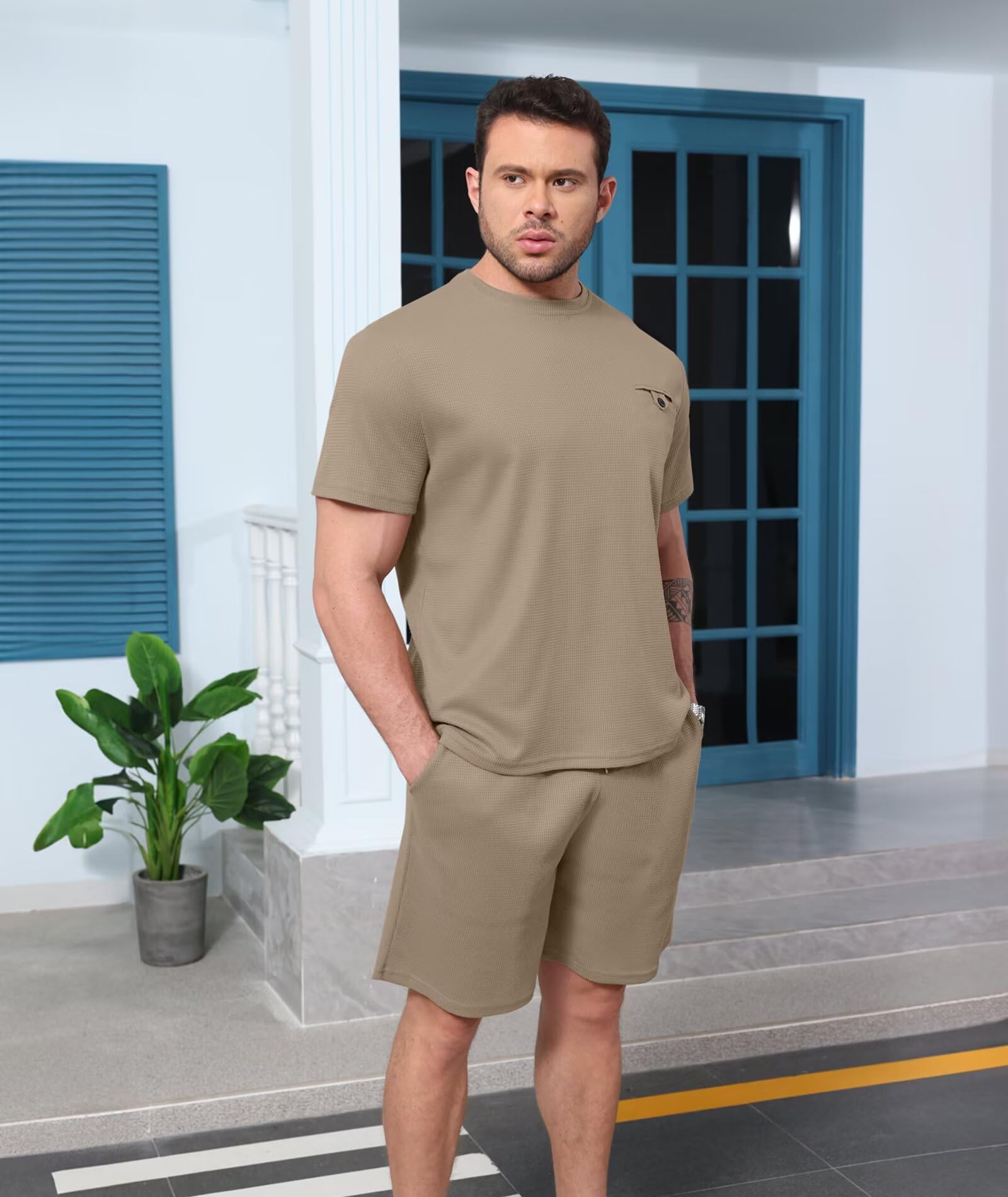 ThusFar Men's Waffle Knit Shirt & Shorts Set - 2 Piece Summer Tracksuit with Pockets for Athletic & Casual Wear | Gym, Running, Beach, Lounge Outfits
