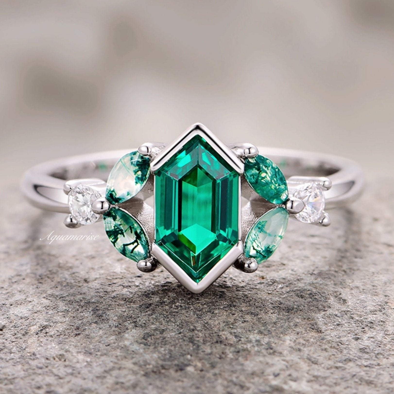 Hexagon Emerald & Moss Agate Leaf Ring - Sterling Silver Jewelry for Women, Nature-Inspired Bohemian Style, Perfect for Weddings & Everyday Wear