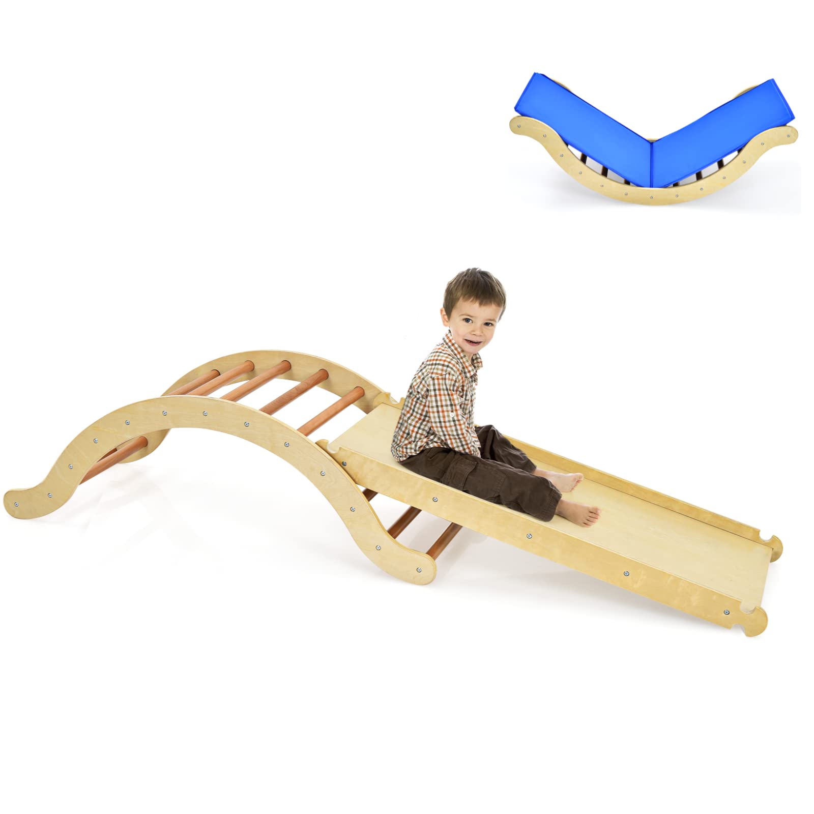 HONEY JOY 3-in-1 Wooden Climbing Toy Set for Kids - Toddler Climber Ladder, Rocker Board with Cushion Pad & Arch - Natural Wood Playground Gym Equipment for Daycare, Home Playroom - Perfect Gift for Boys and Girls - Indoor/Outdoor Active Play, Montessori Learning, Gross Motor Skill Development