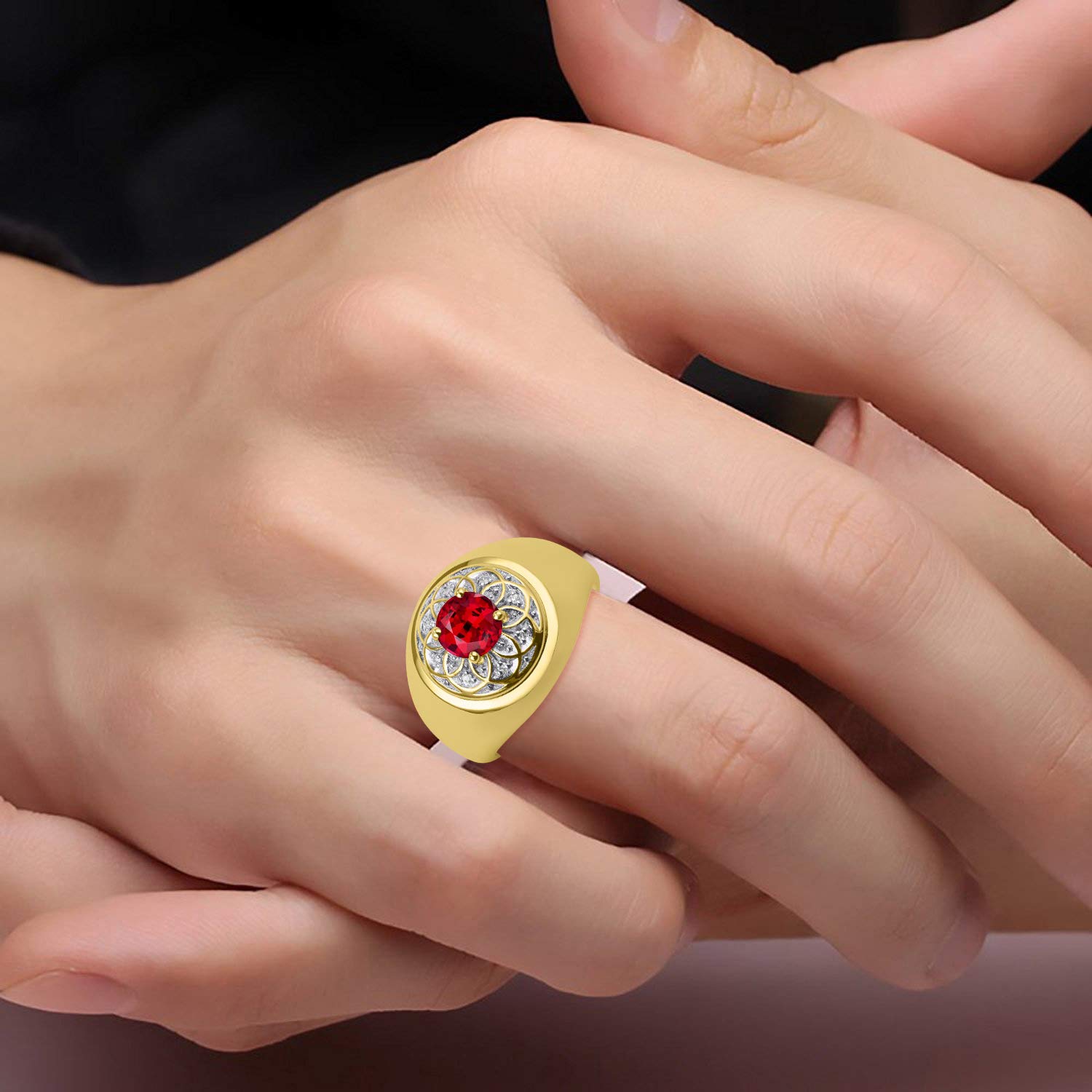 Rylos Men's Designer Gypsy Ring - 7MM Round Gemstone & Diamond Birthstone Ring in Sizes 8-13, Yellow Gold Plated Silver - Perfect for Gifts, Weddings & Special Occasions