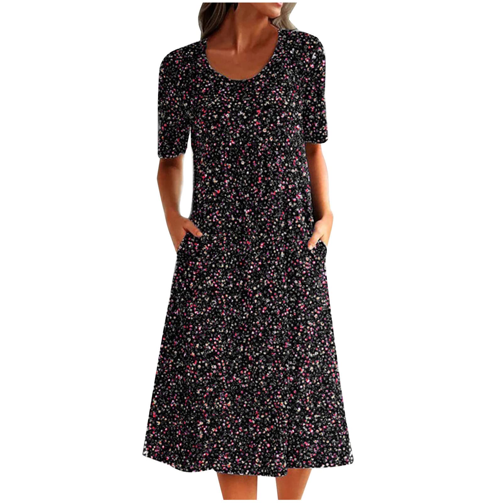 Women's Vintage Graphic Print Midi Dress - Short Sleeve Crewneck Casual T-Shirt Sun Dress with Pockets | Perfect for Summer Outfits, Beach Vacations & Casual Wear