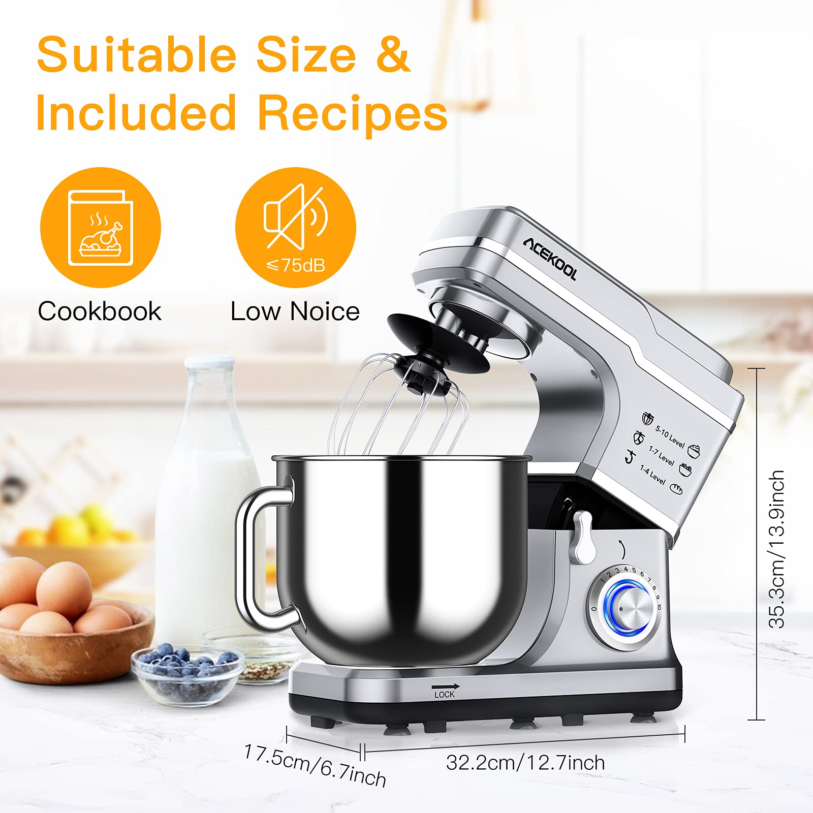 7.5QT 10-Speed 660W Tilt-Head Stand Mixer - Professional Kitchen Electric Food & Cake Mixer with Stainless Steel Bowl, Whisk, Dough Hook, Beater & Splash Guard (Silver) - Perfect for Baking Cakes, Cookies, Bread & Pastries at Home