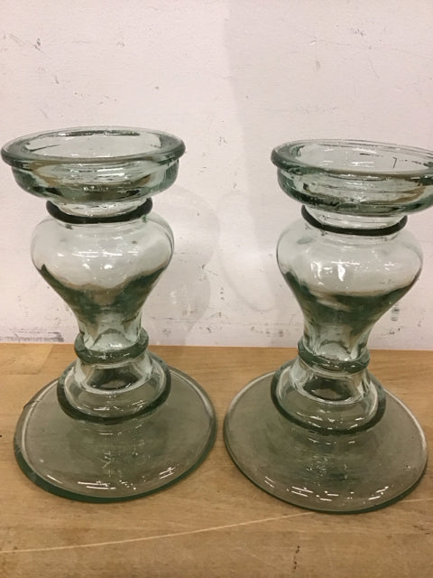 Pair of 7 Green Glass Candle Holders - Elegant Home Decor for Dining Table, Wedding Centerpieces & Romantic Ambiance