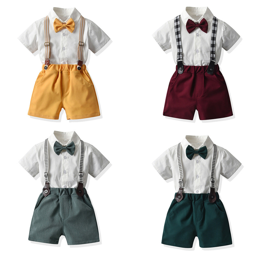 Baby Boys' Short Sleeve Bow Shirt & Bib Shorts 2-Piece Outfit Set - Cute Casual Summer Playtime & Photo Outfits for Infants
