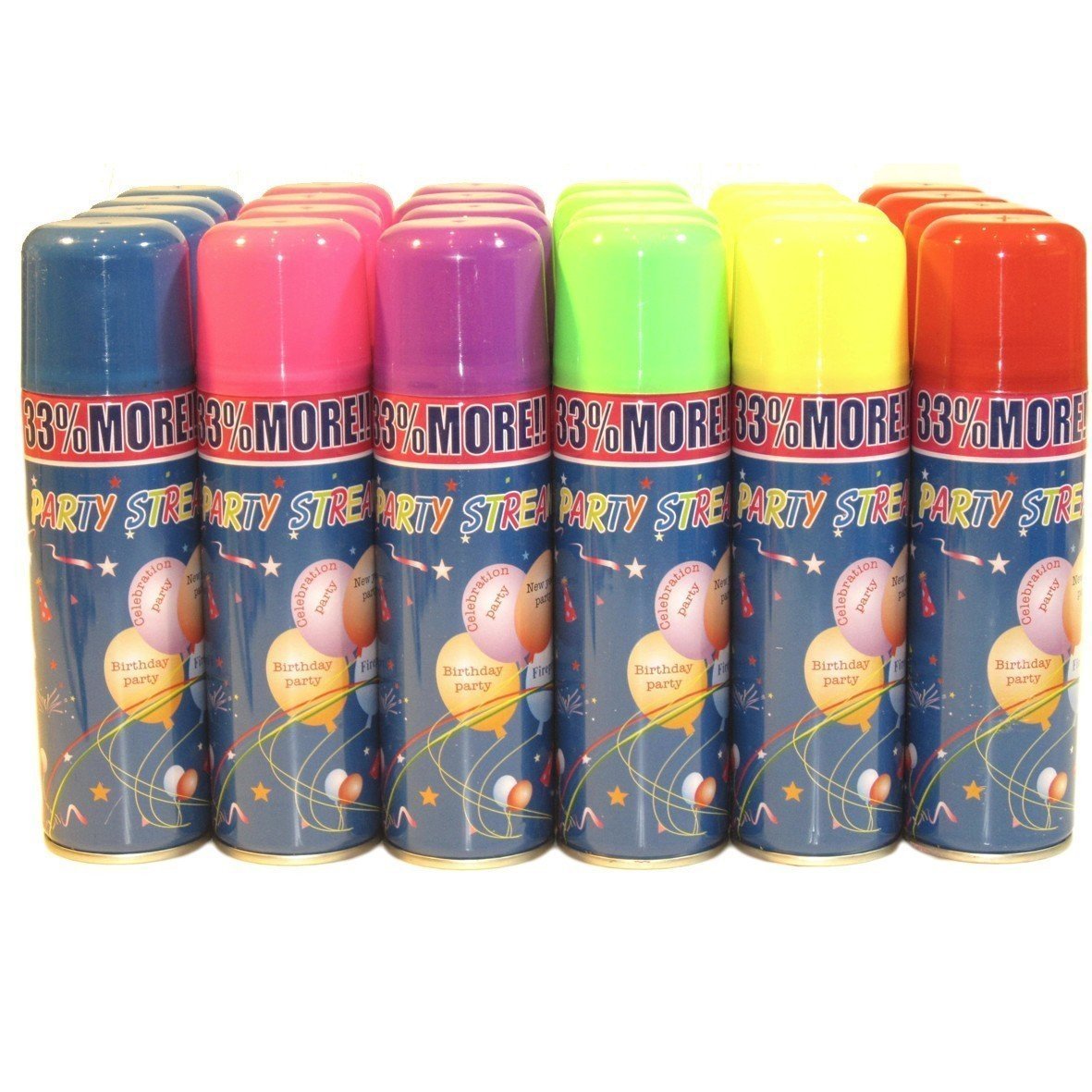 24-Pack Colorful Party Streamer String Cans in Display Box - Fun Party Decorations for Birthdays, Weddings & Celebrations - Easy-to-Use Confetti Poppers for Festive Events