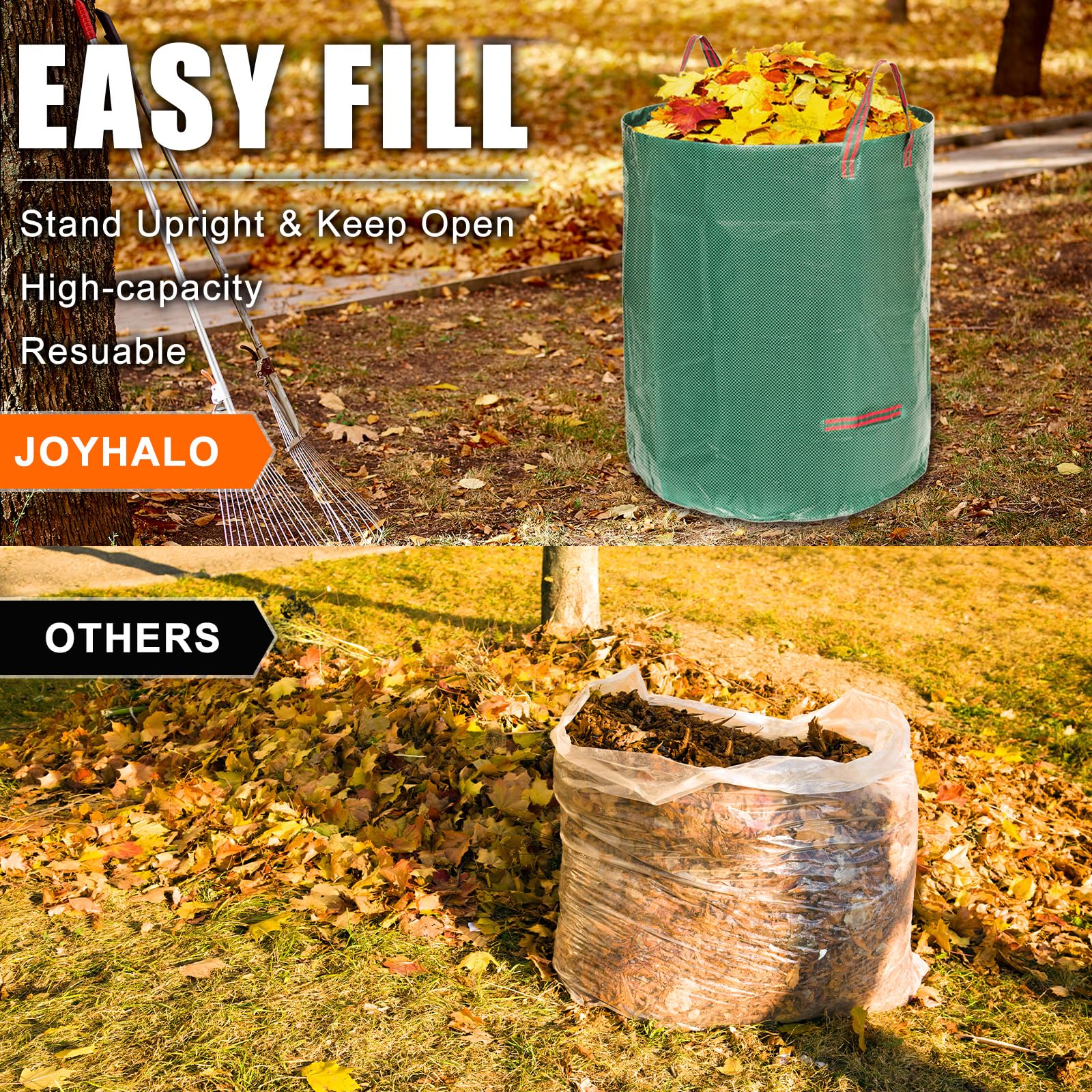 Joyhalo 72 Gallon Heavy Duty Reusable Yard Waste Bags - 6 Pack Standable Lawn & Leaf Bags with 4 Handles & Free Gardening Gloves | Perfect for Gardening, Leaf Collection, Camping & Yard Recycling