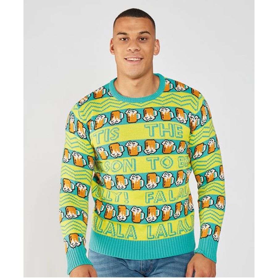 Festive Yellow Christmas Beer Novelty Sweater - Fun Holiday Party Outfit for Ugly Sweater Contests & Cozy Winter Gatherings