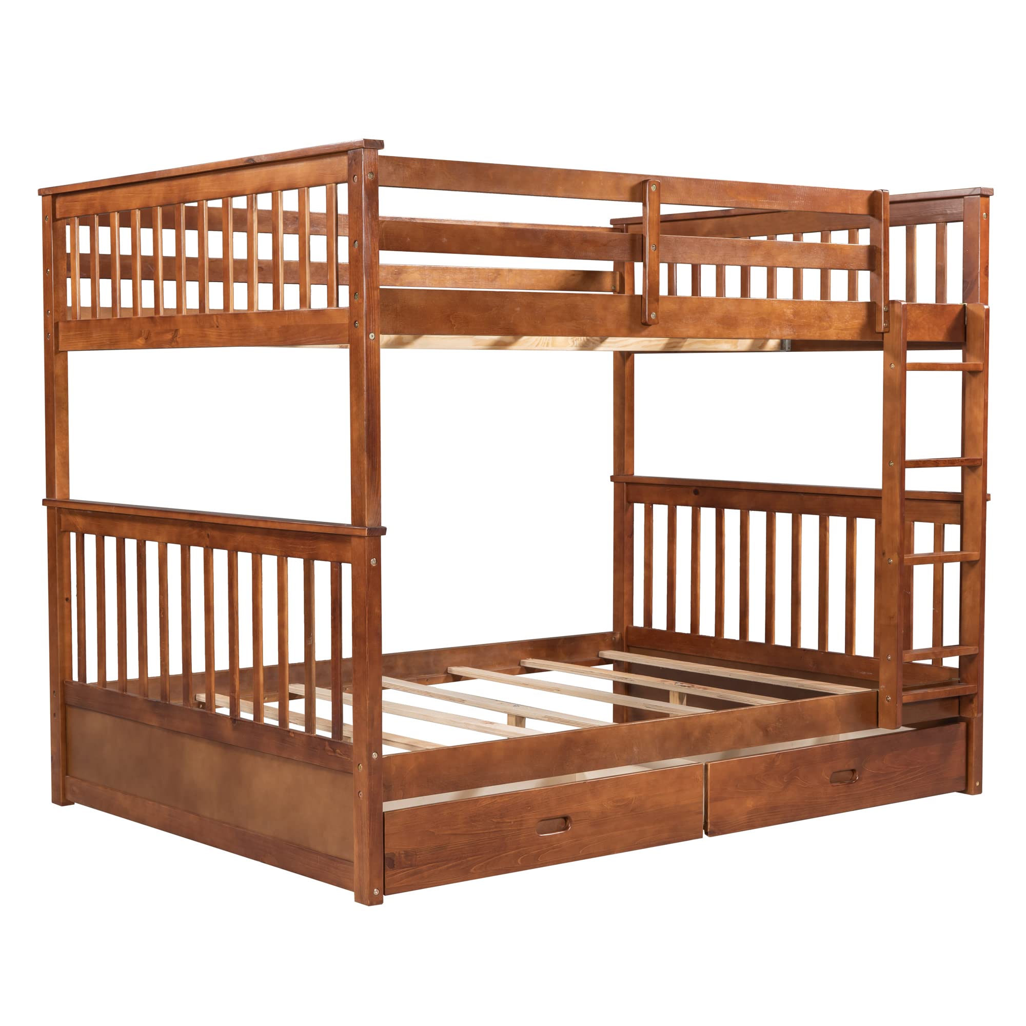 Harper & Bright Designs Full Bunk Beds with Storage Drawers - Solid Wood Full Over Full Bunk Bed Frame with Ladders & Safety Rail for Kids, Teens, Adults (Walnut) - Perfect for Small Bedrooms, Guest Rooms & Kids' Shared Spaces