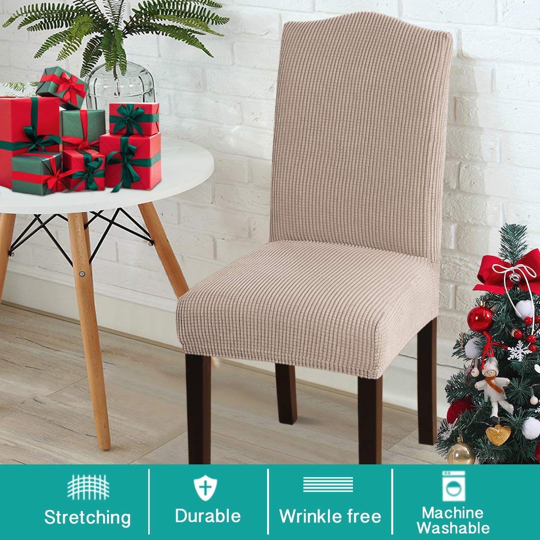 4-Pack Turquoise Stretch Jacquard Dining Chair Covers - Washable & Removable Slipcovers for Parson Chairs, Seat Protectors for Kitchen, Banquet, Dining Room (Khaki) | Perfect for Home Decor, Parties & Restaurant Use