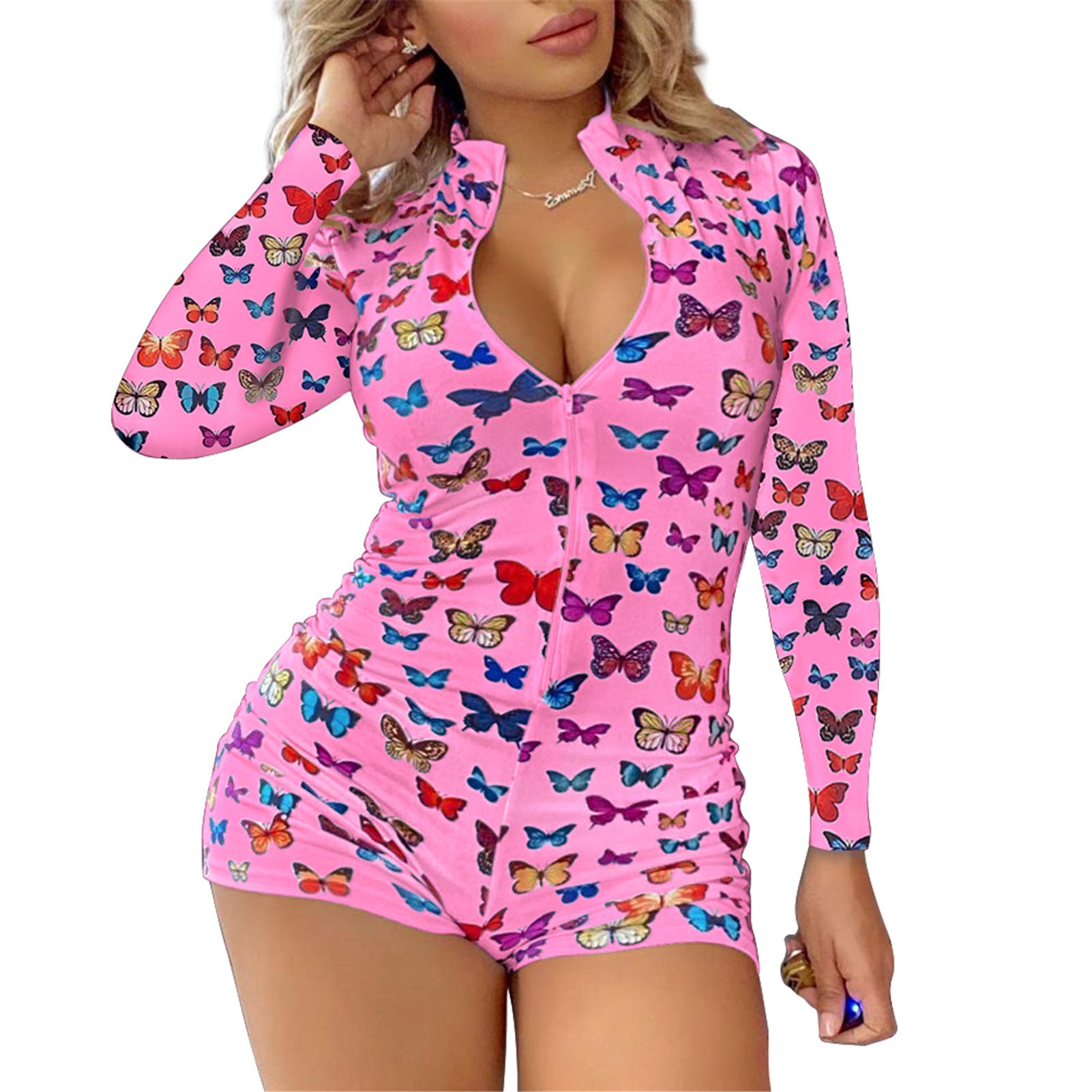 Sexy Women's Long Sleeve Bodycon Jumpsuit - Deep V Neck One Piece Romper Pajama with Shorts | Perfect for Sleepwear, Loungewear & Date Night Outfits