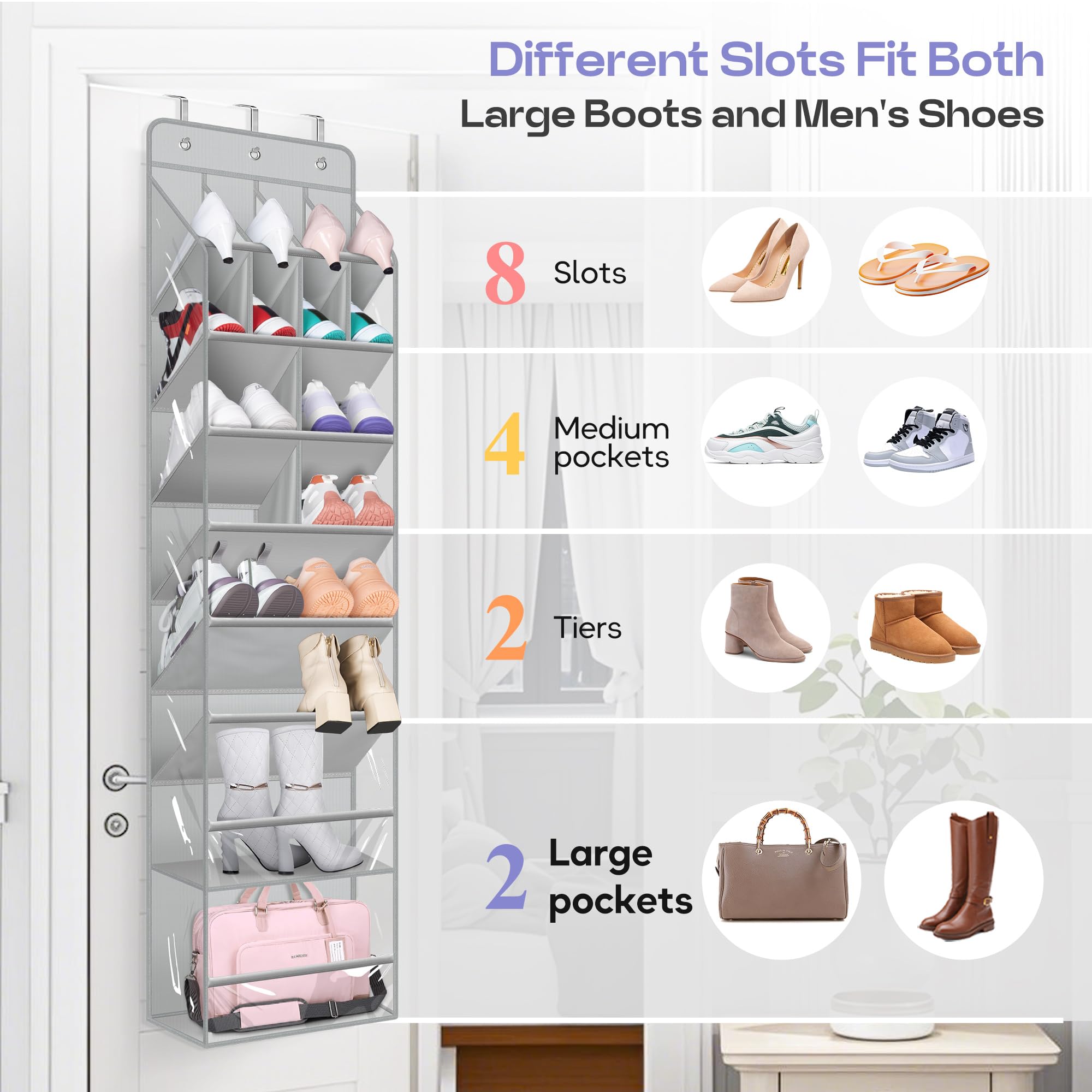 MISSLO Clear Over the Door Shoe Organizer with Large Deep Pockets - Hanging Shoe Rack for Closet Fits 20 Pairs - Perfect for Sneakers, Boots & Heels Storage (Grey) - Ideal for Bedroom, Dorm & Entryway Organization