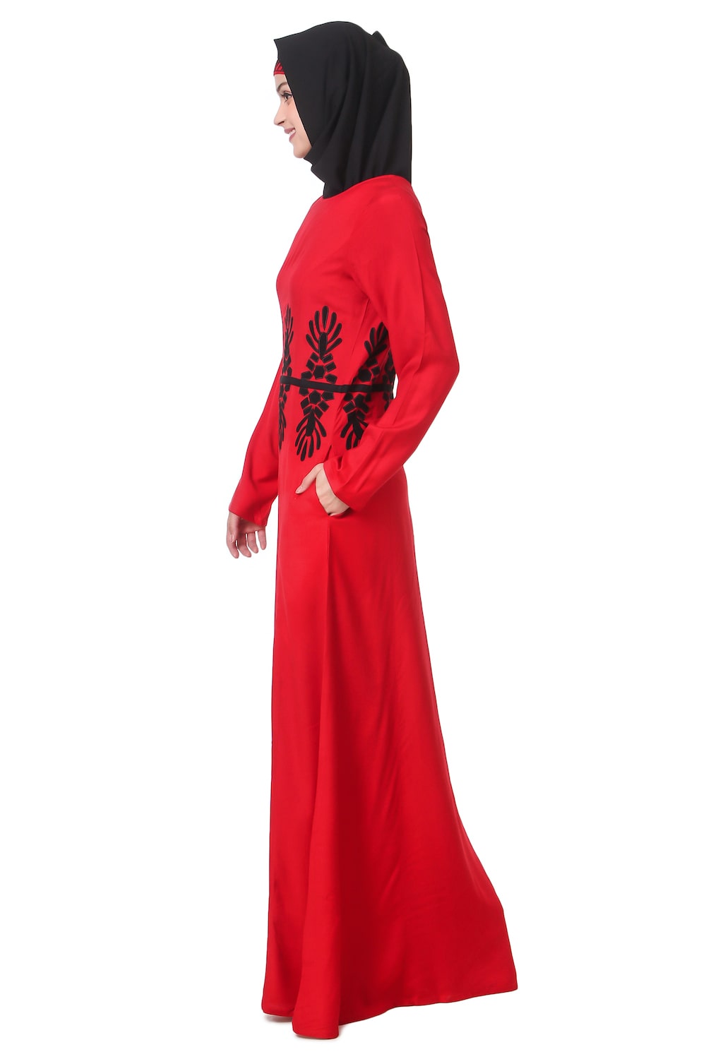 Stylish Red Rayon Abaya with Elegant Graphic Pattern - Perfect for Eid, Prayer, and Special Occasions