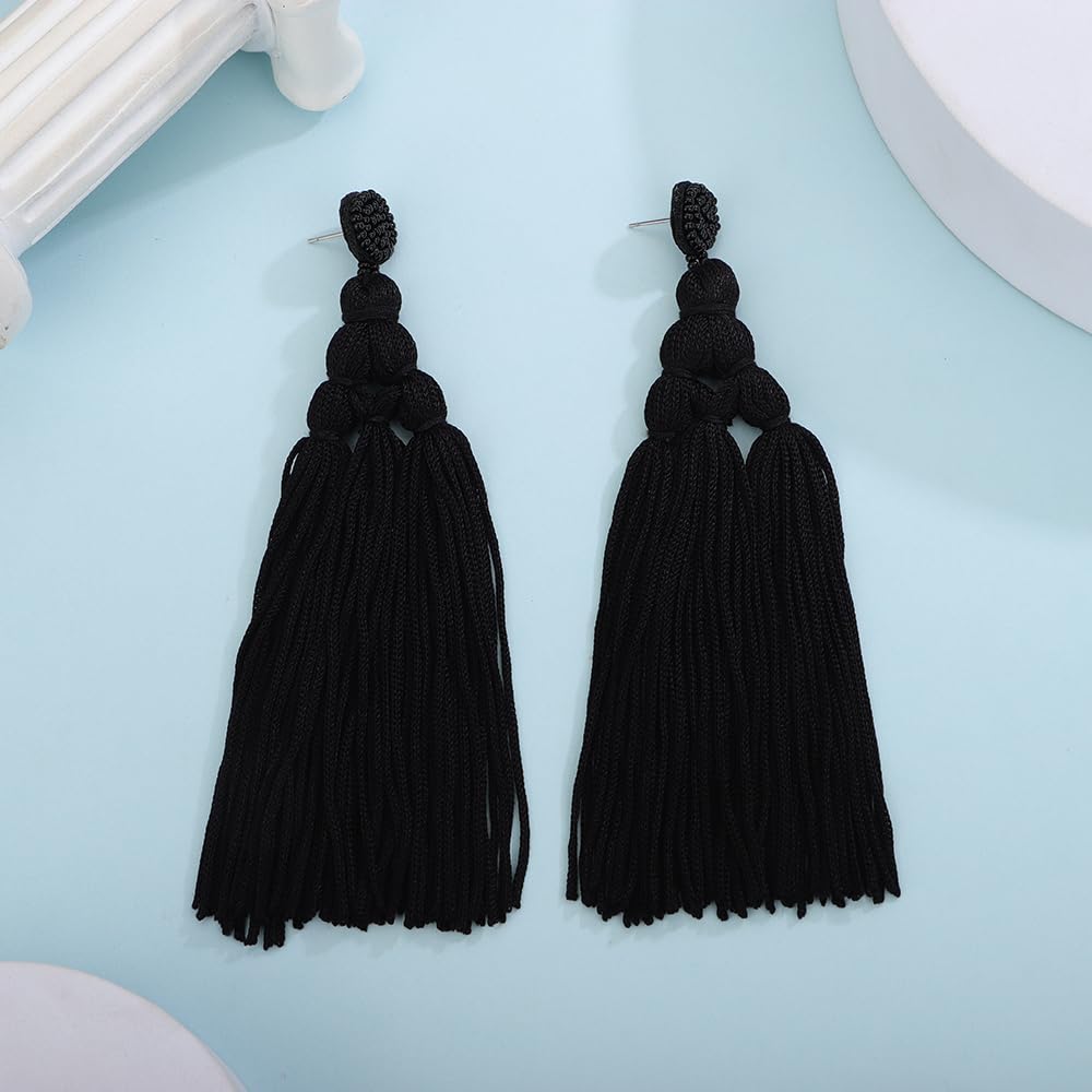 Denifery Boho Large Extra Long Tassel Layered Dangle Earrings - Vintage Handmade Knot Fringe Chandelier Statement Drop Earrings for Women (Black) | Perfect for Summer, Beach, Parties, and Boho Fashion Outfits