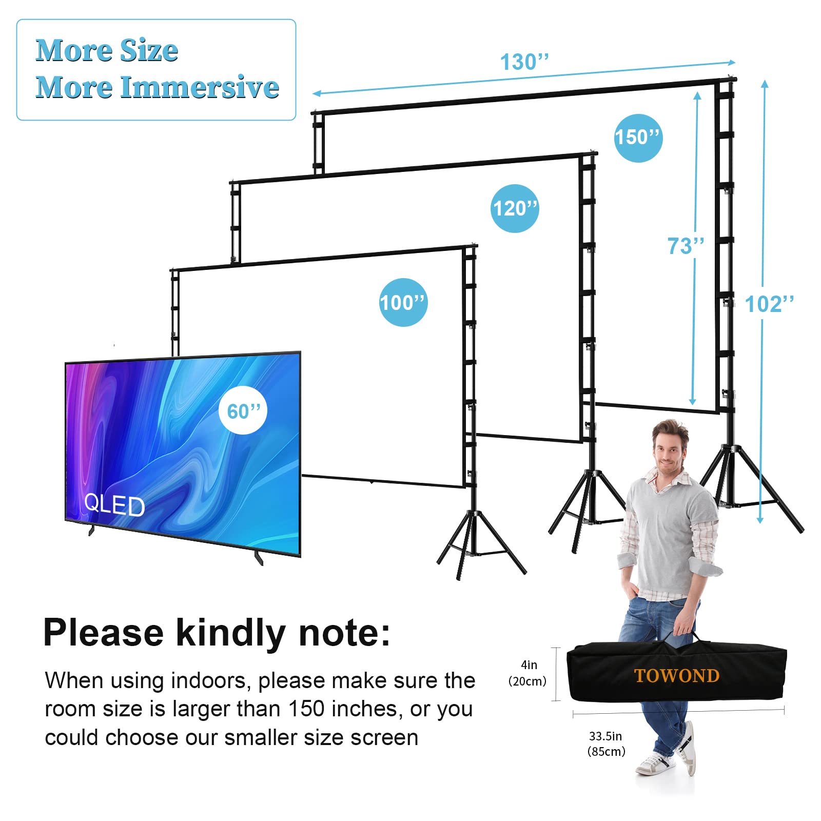 Towond 150 Inch Portable Projector Screen with Stand - Indoor/Outdoor 16:9 4K HD Movie Screen for Home Theater & Backyard Cinema | Wrinkle-Free Design, Includes Carry Bag | Perfect for Movie Nights, Outdoor Events & Presentations