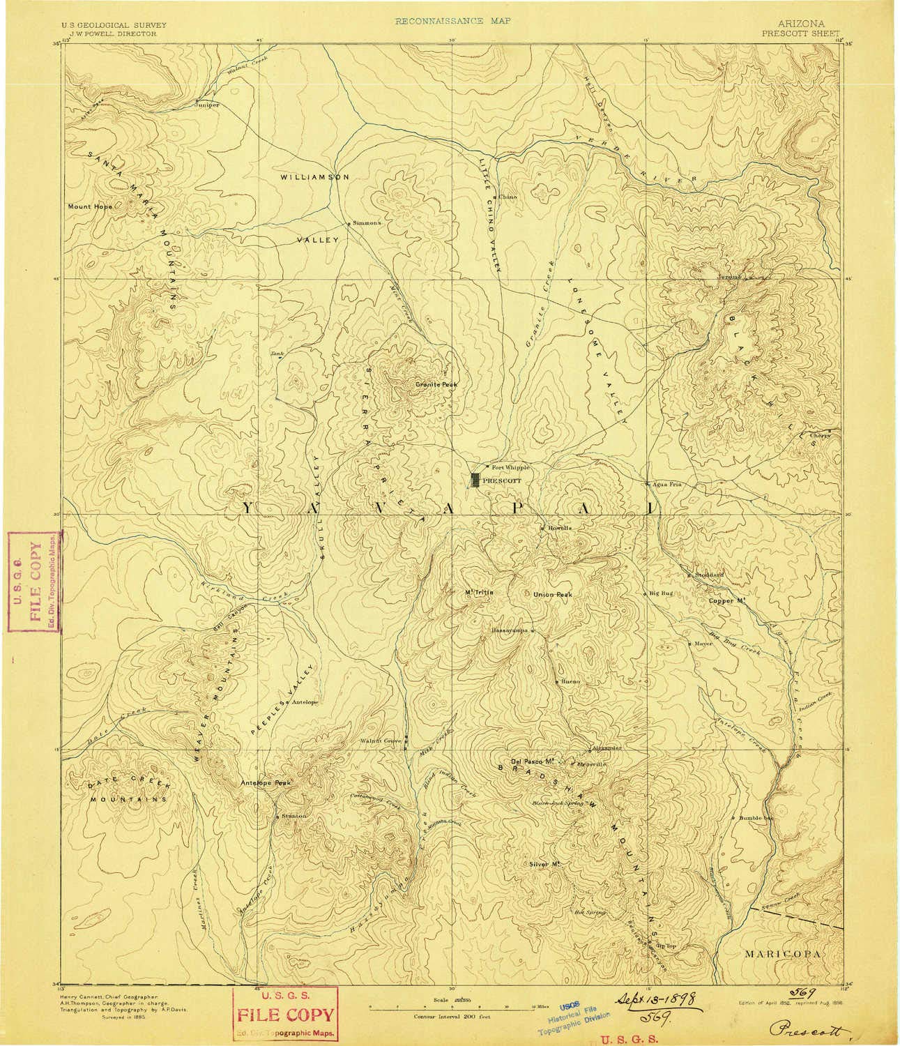 Vintage 1892 Prescott AZ Topographic Map - 1:250000 Scale, 1x1 Degree, Updated 1898 (19.4x16.7 Inches) | Historical Arizona Landscape for Hiking, Research & Wall Decor