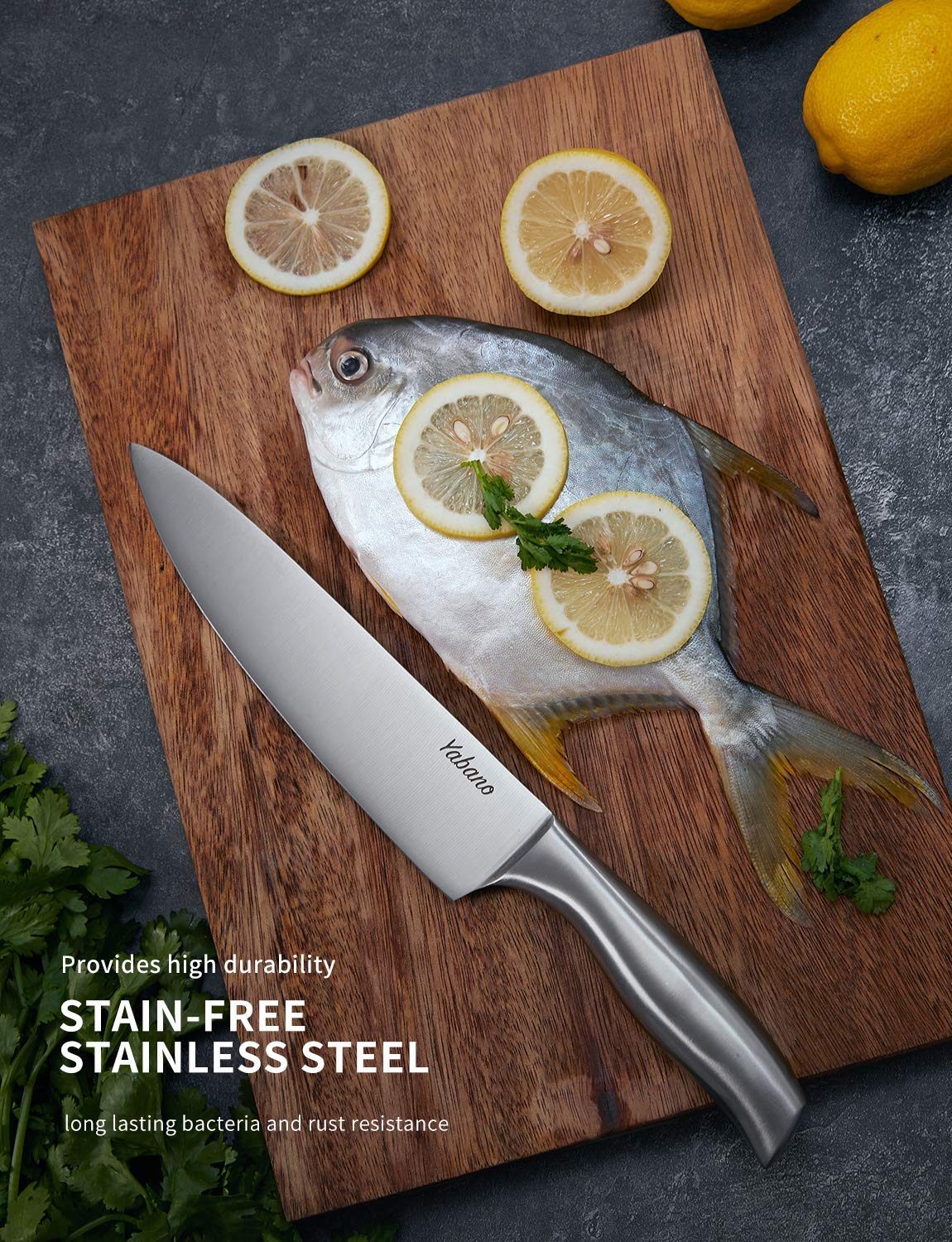 Yabano 16-Piece German High-Carbon Stainless Steel Knife Set with Wooden Block - Includes Chef Knife, Steak Knives, Meat Scissors & Sharpener | Perfect for Home Kitchen, Professional Cooking & Meat Preparation