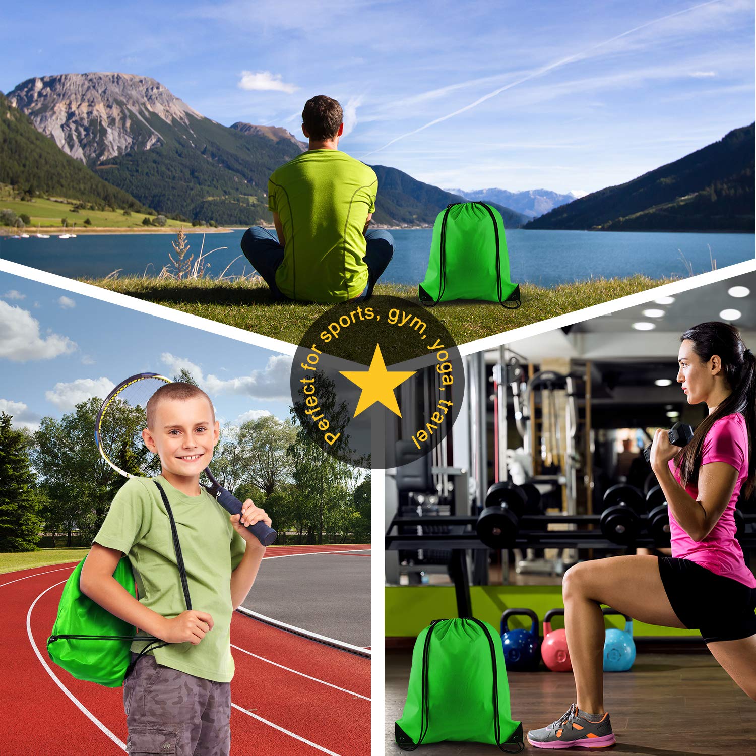 PLULON 2-Pack Green Drawstring Backpacks - Lightweight Cinch Sack Gym Bags for Yoga, Travel, Sports & Outdoor Activities | Perfect for Gym, Beach, School & Camping Essentials
