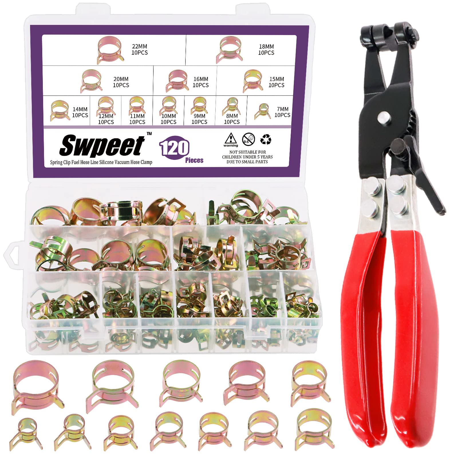 Swpeet 121Pcs Hose Clamps Kit 7-22mm with Pliers - for Fuel, Vacuum & Air Pipes