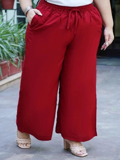 Plus Size Dark Red Rayon Wide Leg Palazzo Pants - Comfortable & Stylish Women's Lounge Pants for Casual Wear, Yoga, and Home Relaxation