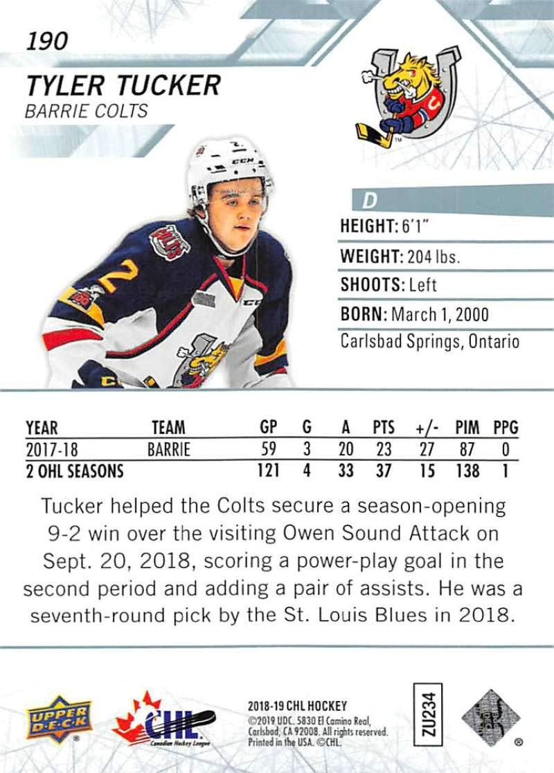 2018-19 Upper Deck CHL Hockey #190 Tyler Tucker Barrie Colts Official Canadian Hockey League Trading Card - Collectible Sports Memorabilia for Hockey Fans and Card Enthusiasts