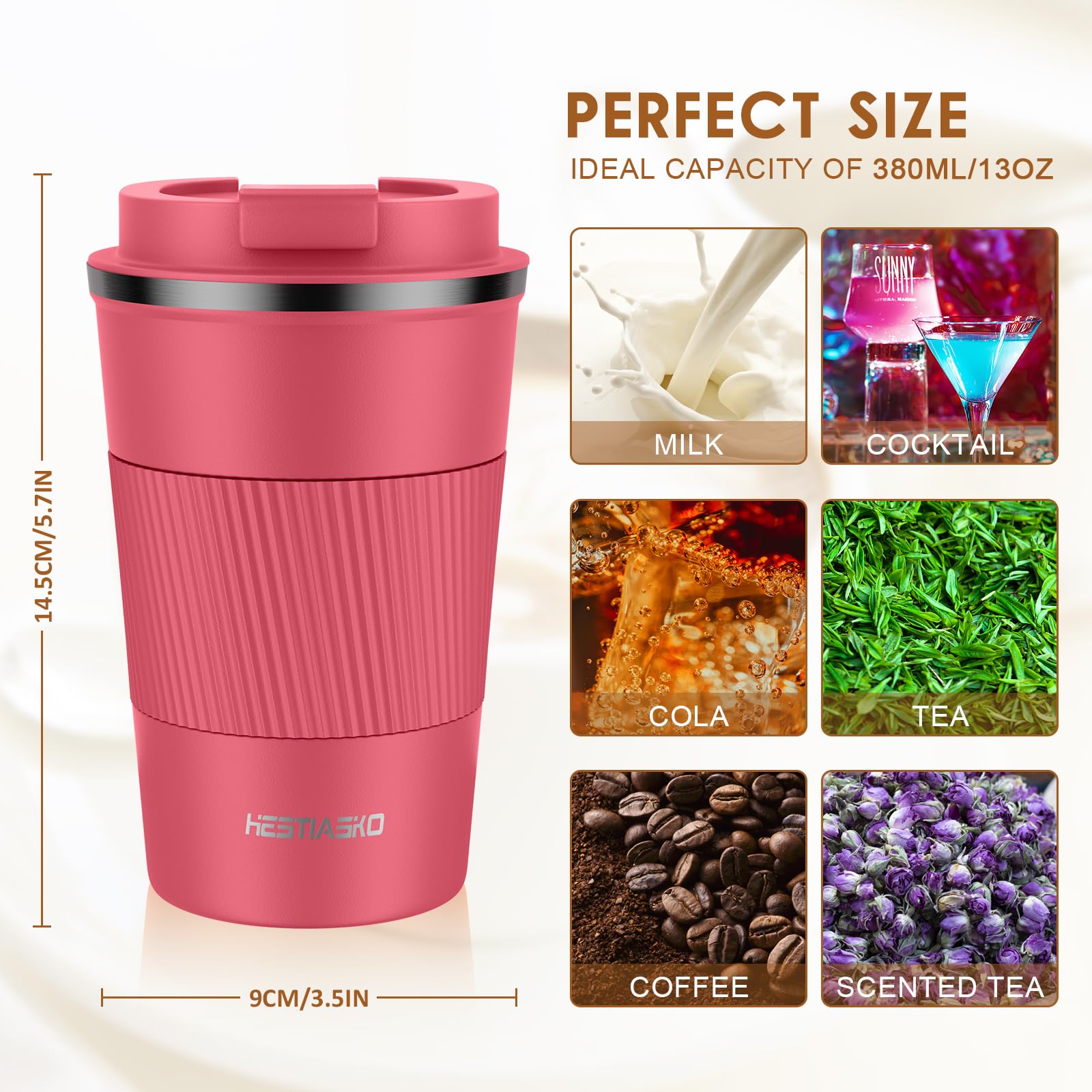 Hestiasko 13 oz (380ml) Double Walled Vacuum Insulated Travel Coffee Mug - 304 Stainless Steel Leakproof Tumbler with Lid for Hot & Cold Drinks (Rose Red) - Perfect for Coffee, Tea, Cola, Milk on the Go, Office, Commuting & Outdoor Activities