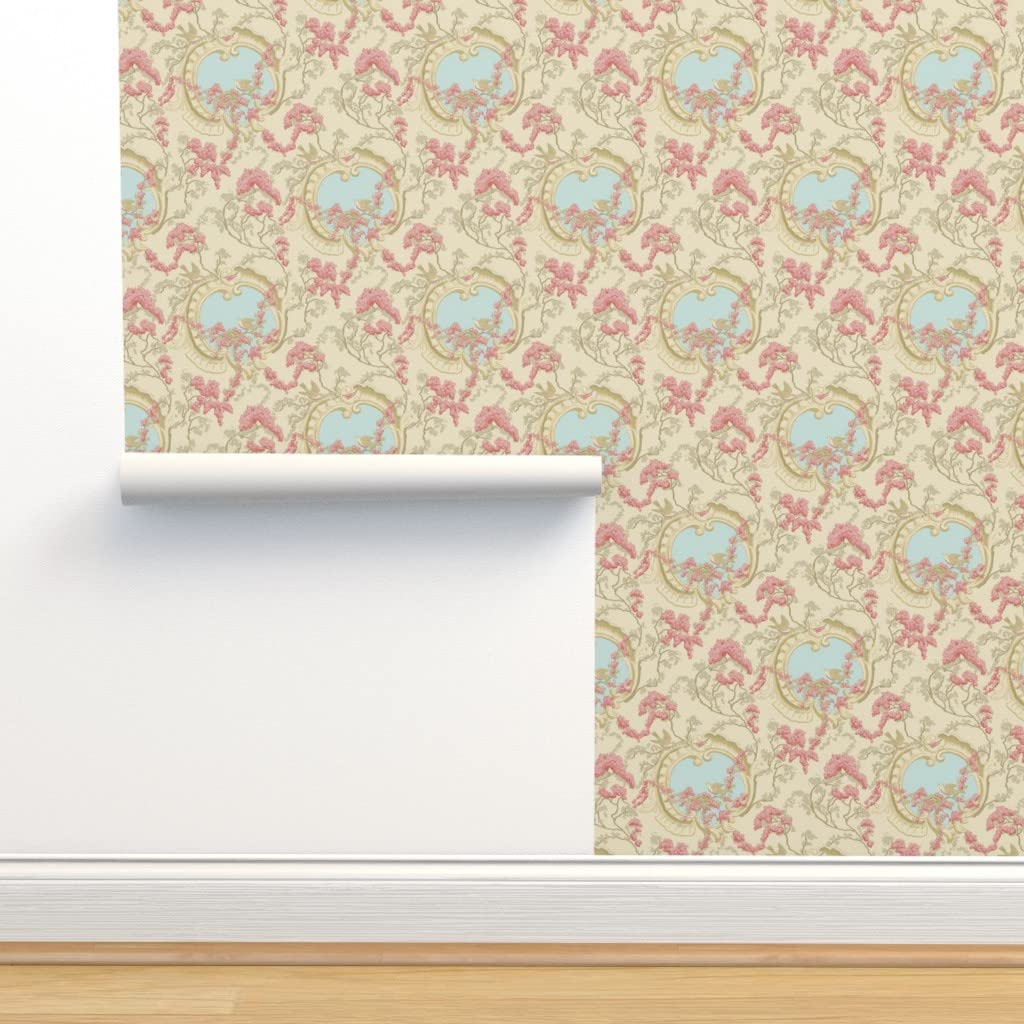 Premium Commercial Grade Wallpaper - 27ft x 2ft Birds & Cherry Tree Rococo Pink Floral Design with Retro Animals | Traditional Peel & Stick Wallpaper for Living Room, Bedroom, Nursery & Office Decor | Spoonflower