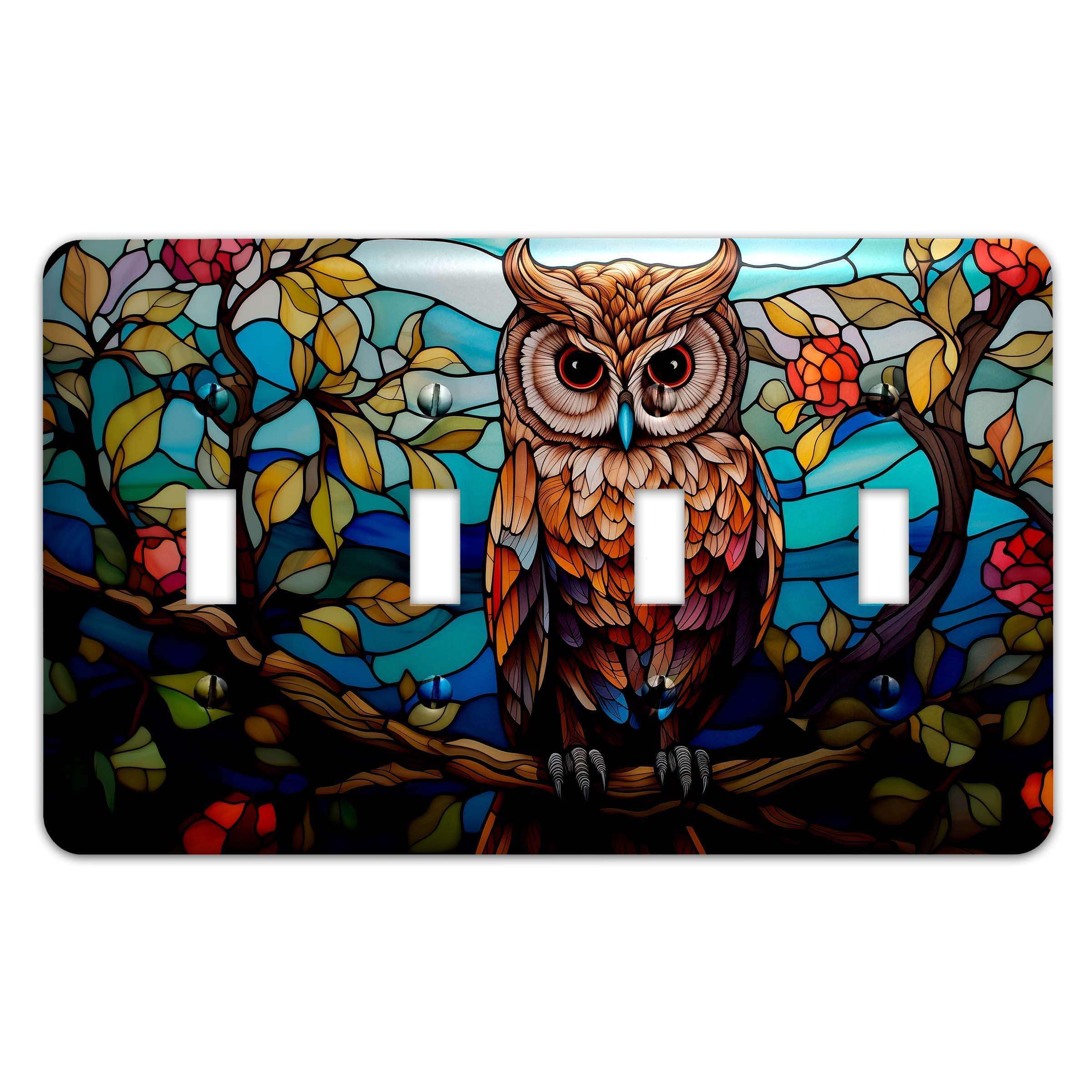 Owl Design Faux Stained Glass Metal Light Switch Plate Cover - Decorative Single Outlet Cover for Home Decor, Bedroom, Living Room - Multiple Sizes Available #4804