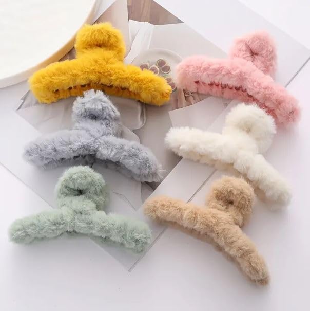 Elegant Faux Furry Acrylic Hair Claw Clips for Women - 2 Pack | Soft Plush Hair Accessories for Ponytails, Buns & Everyday Styling