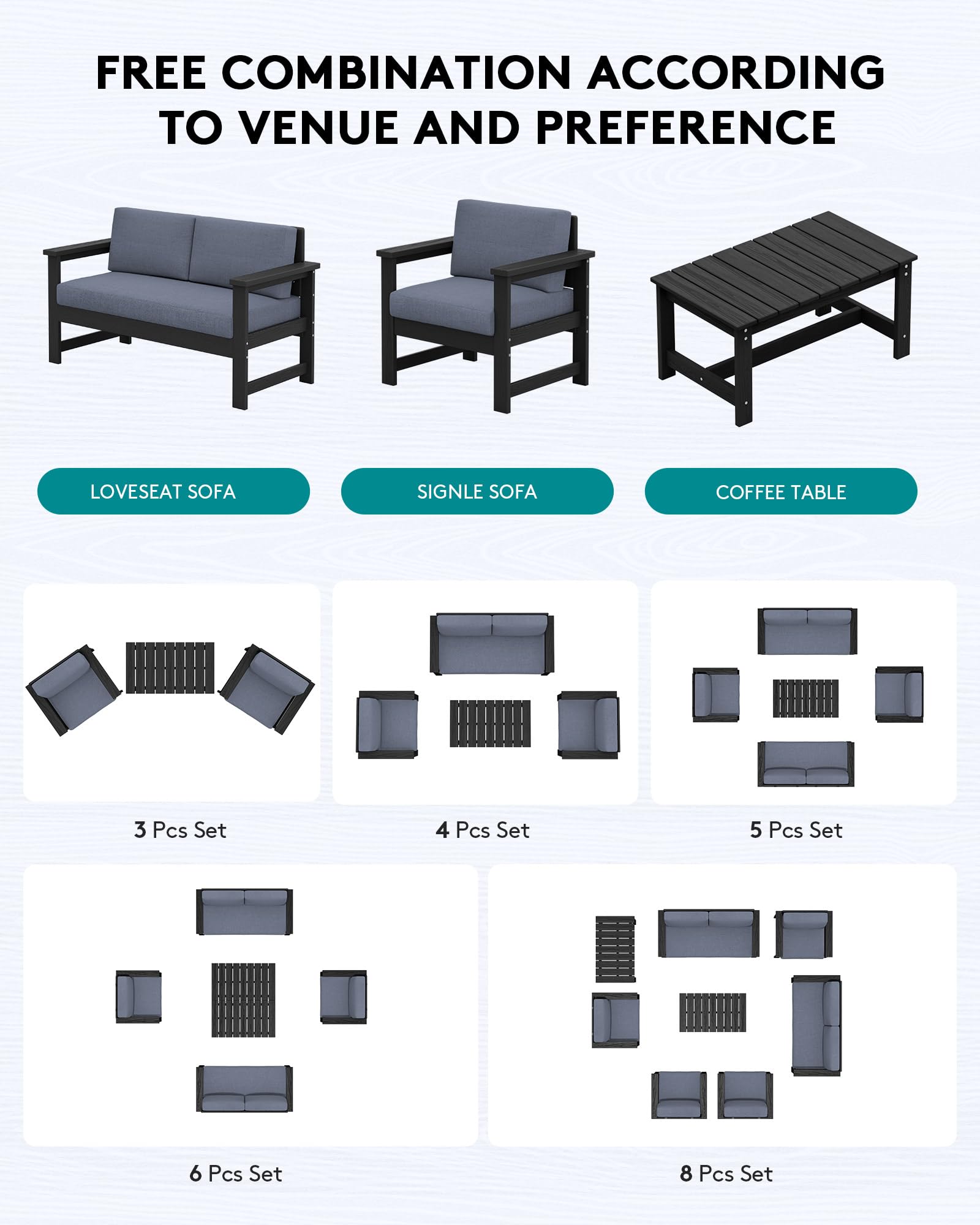 SERWALL 8-Piece Outdoor Patio Furniture Set - All-Weather HDPE Conversation Sofa with Cushions, Loveseat & Coffee Table - Black Frame & Gray Cushions - Perfect for Backyard, Garden, Poolside & Outdoor Entertaining