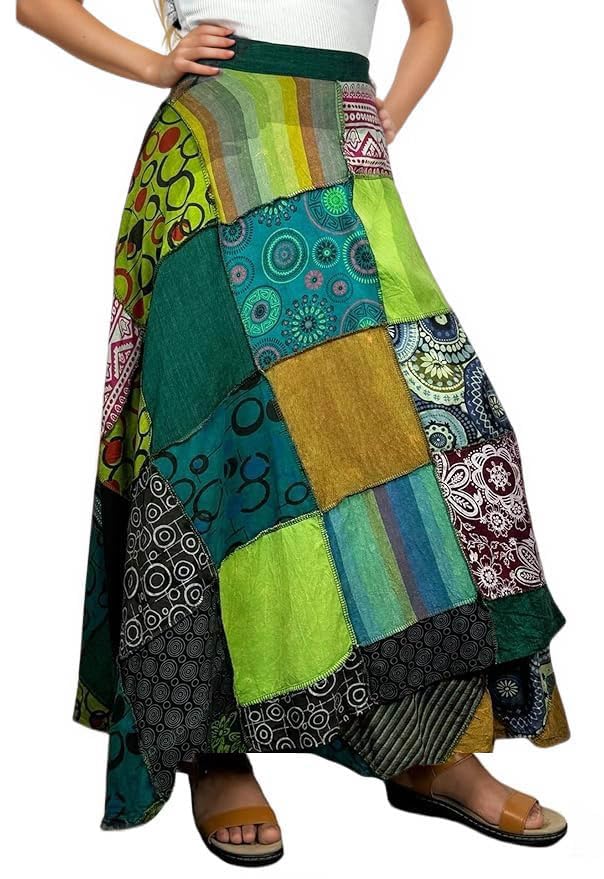 Agan Traders Women's 2025 Spring & Fall Boho Maxi Skirt - High Waisted Long Skirt with Patchwork & Tie-Up Design, Bohemian Wrap Cover Up for Casual Outings, Beach Vacations & Music Festivals