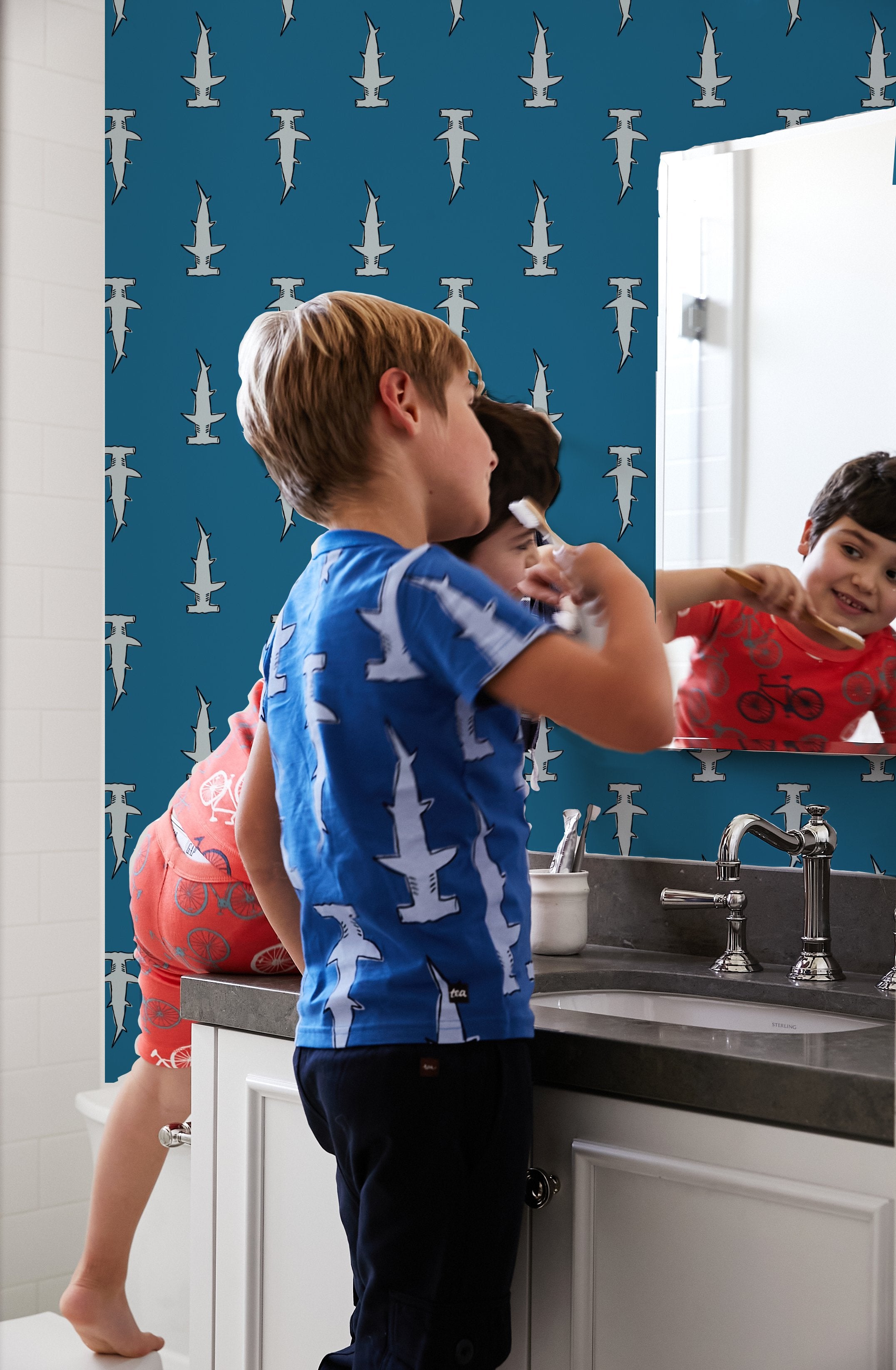 Hammerheads Wallpaper by Tea Collection in Cadet Blue - Perfect for Kids' Rooms, Nurseries, and Coastal-Themed Decor