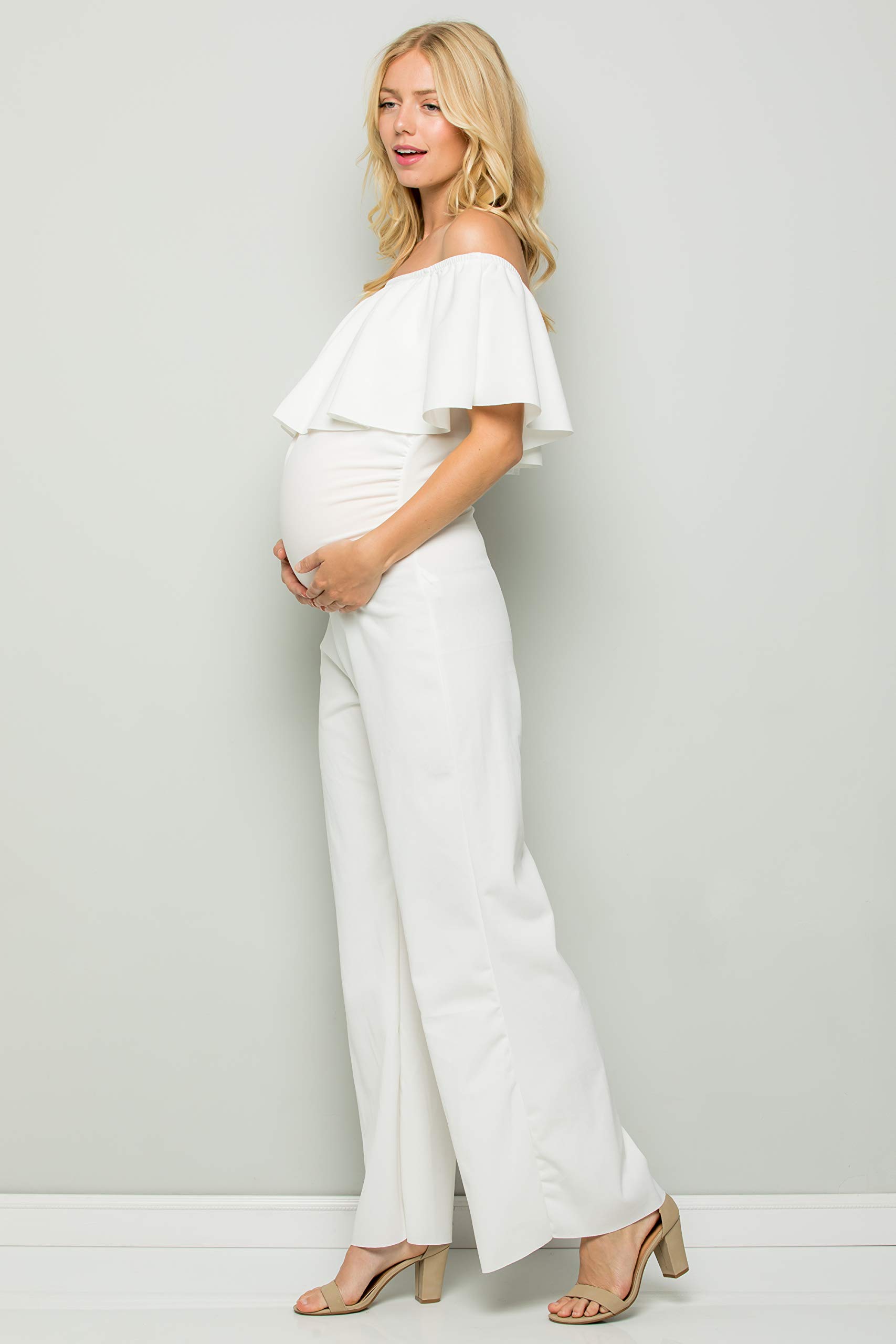 My Bump Maternity Ruffle Off Shoulder Jumpsuit - Made in USA | Comfortable Pregnancy Outfit for Baby Shower, Maternity Photos & Special Occasions