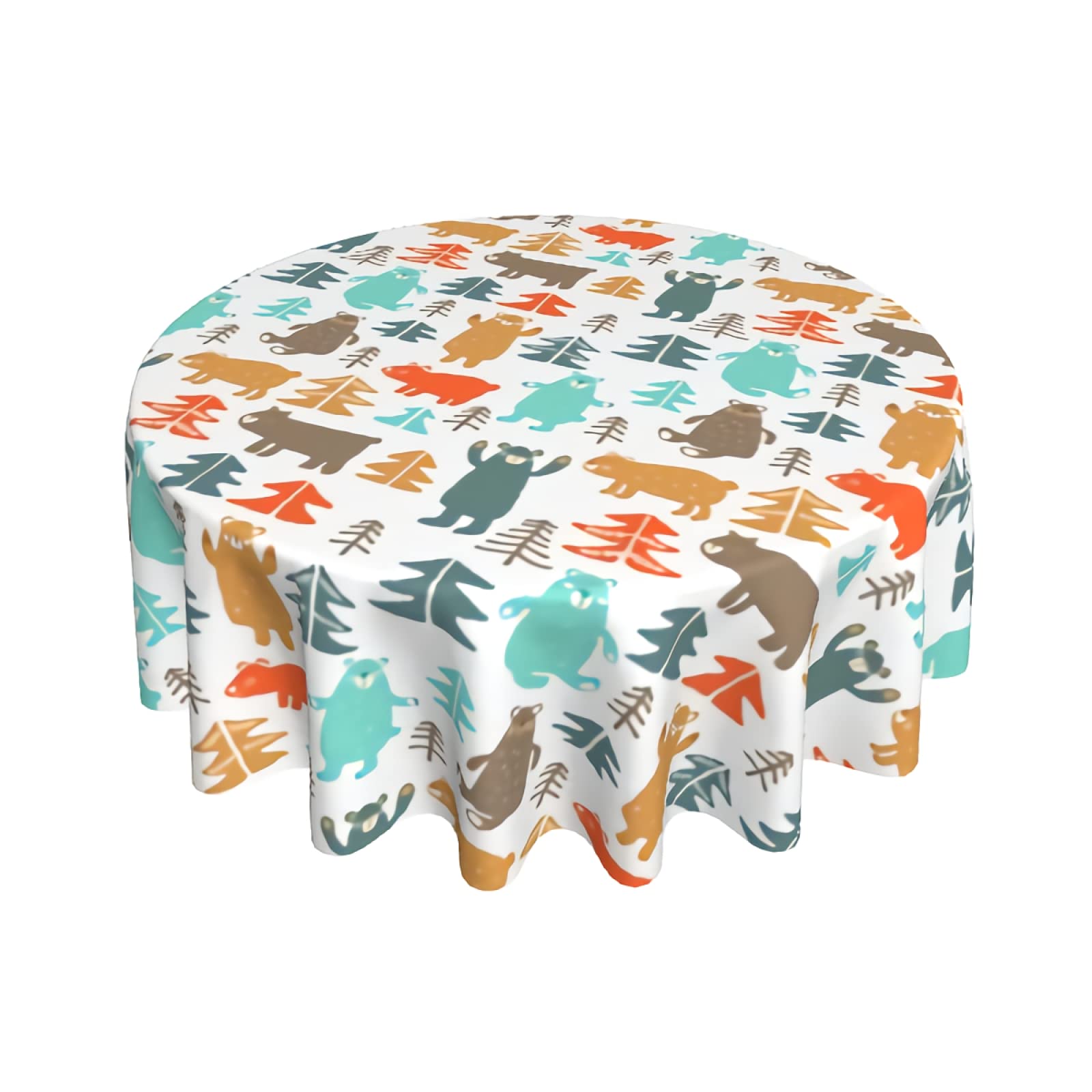 Funny Bears in Forest Round Tablecloth 60 Inch - Waterproof Wrinkle-Resistant Animal Table Cover for Kitchen, Dining Room, Picnic & Outdoor Parties