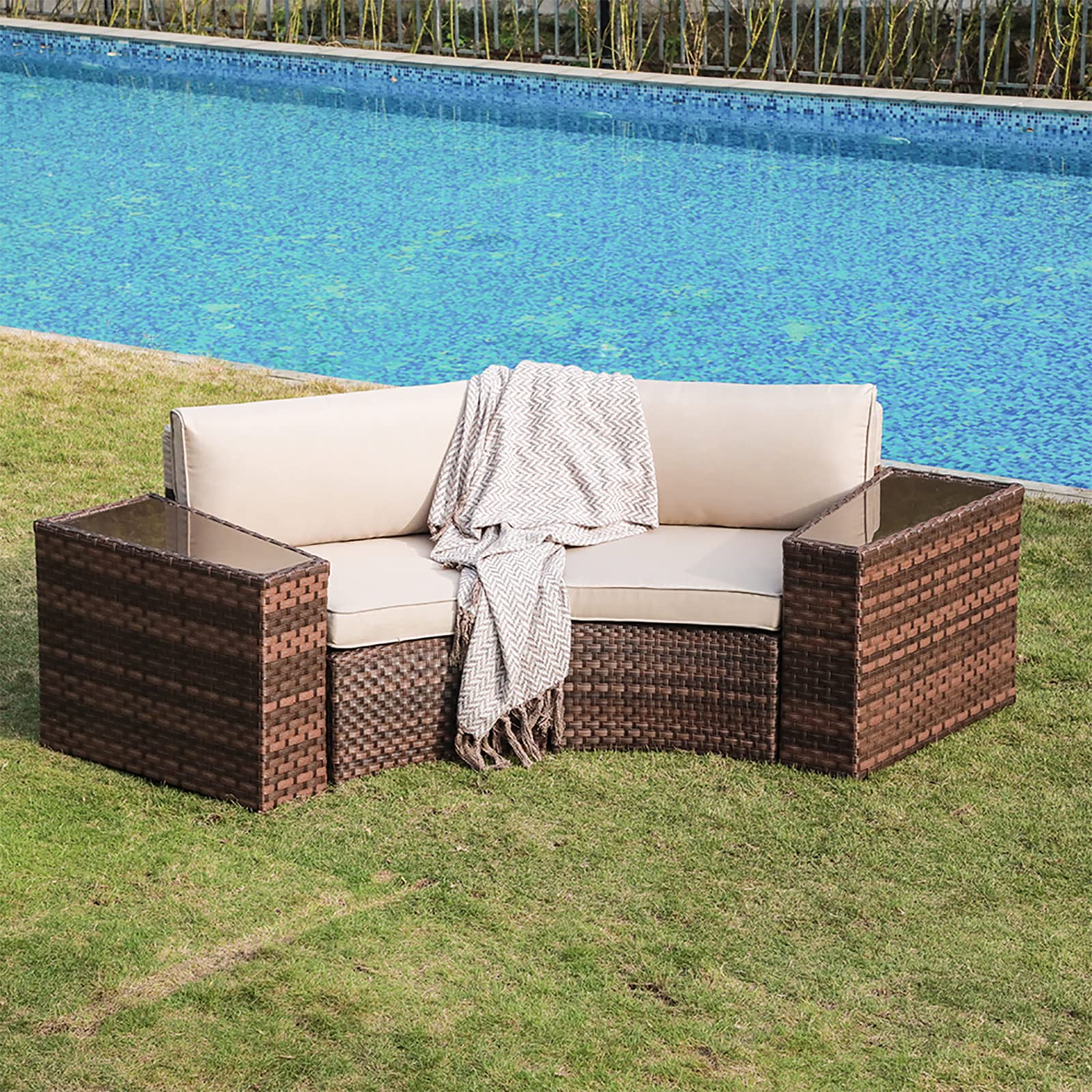SUNSITT 4-Piece Outdoor Patio Furniture Set - Half Moon Curved PE Rattan Wicker Sectional Sofa with 2 Side Tables - Perfect for Garden, Poolside, and Backyard Relaxation