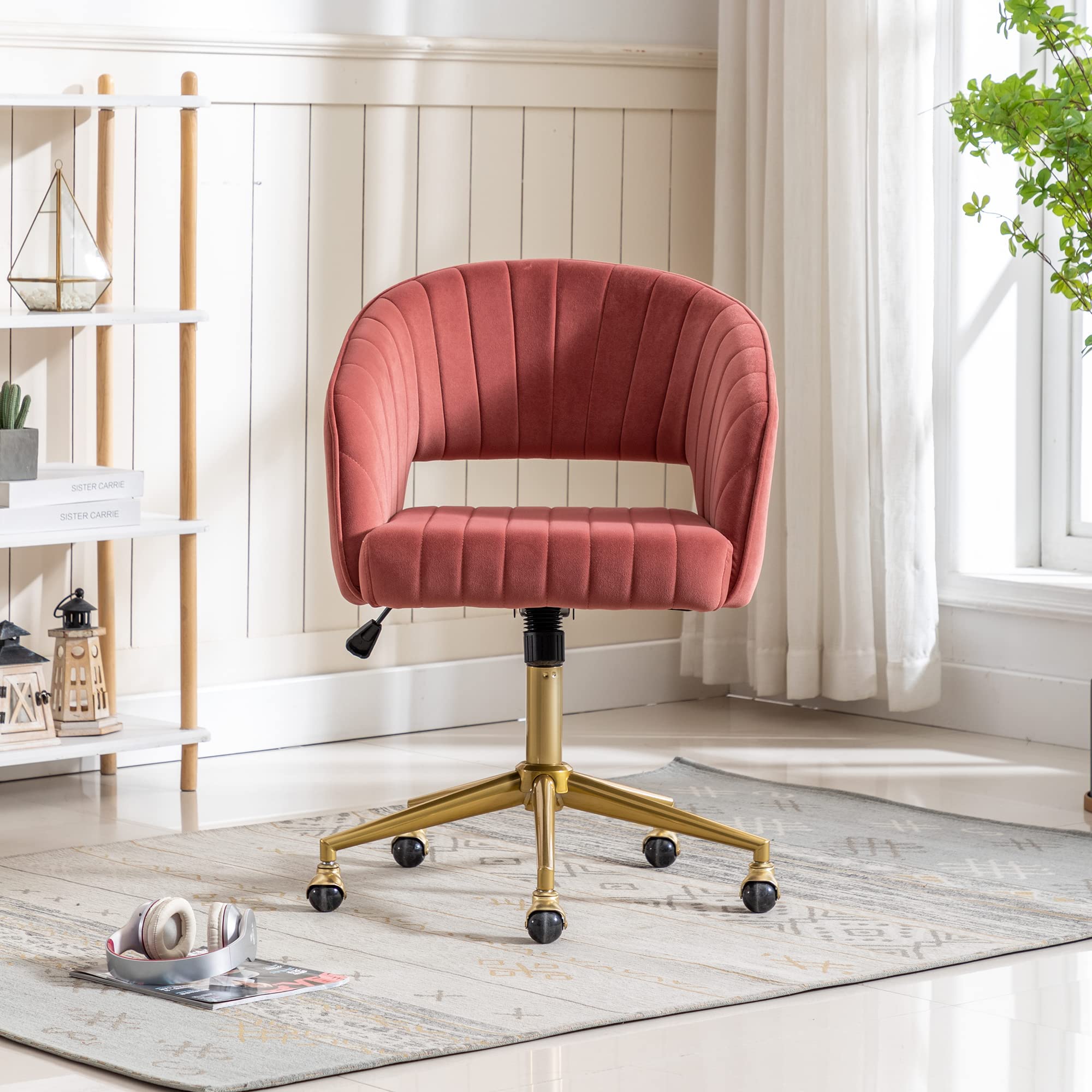Velvet Swivel Desk Chair with Gold Base - Ergonomic Home Office Chair for Women, Modern Tufted Accent Armchair, Comfortable Study & Computer Task Stool - Perfect for Living Room, Bedroom or Workspace (Rose)