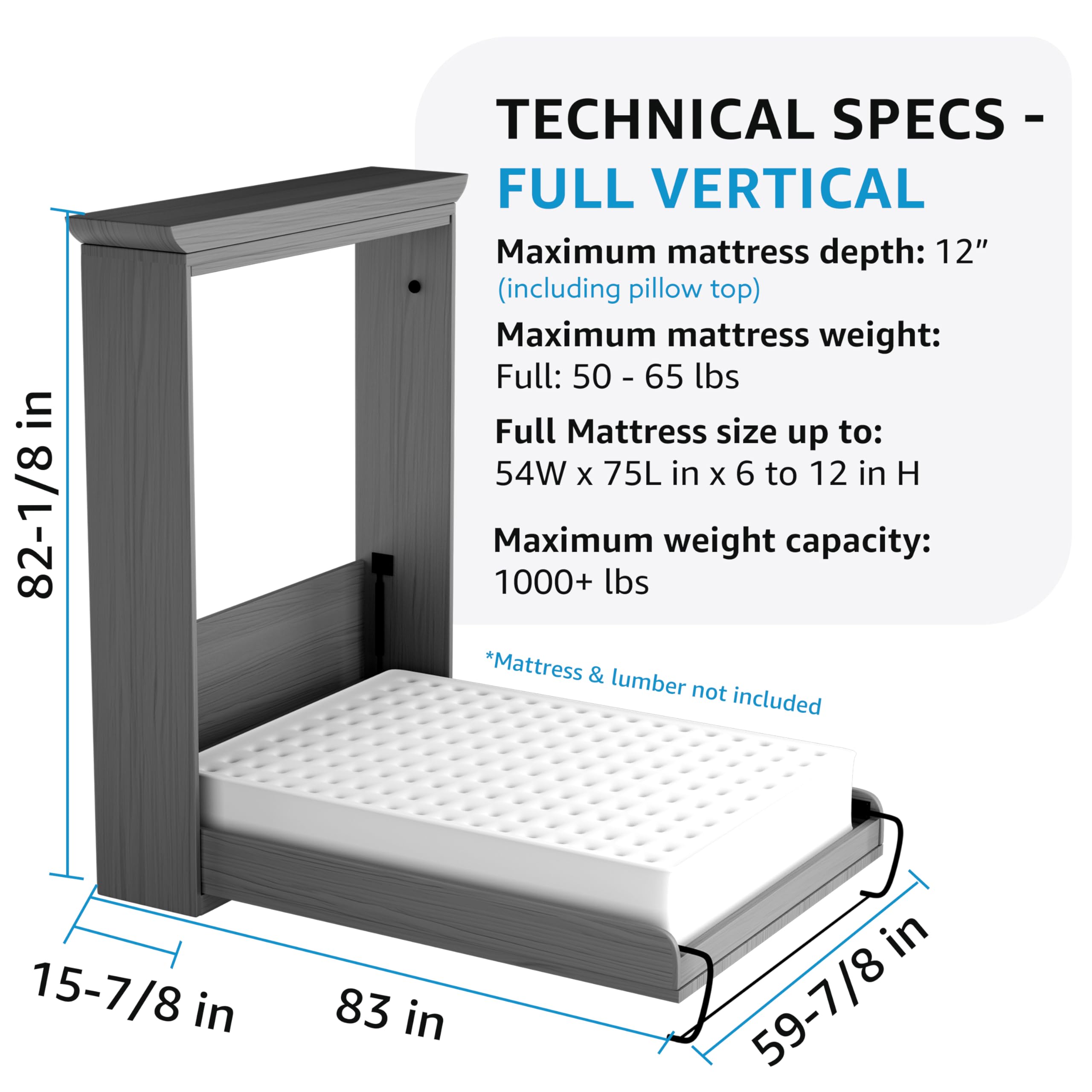 Create-A-Bed Premium Full Vertical Murphy Bed Kit - Space Saving Wall Bed for Small Apartments & Guest Rooms