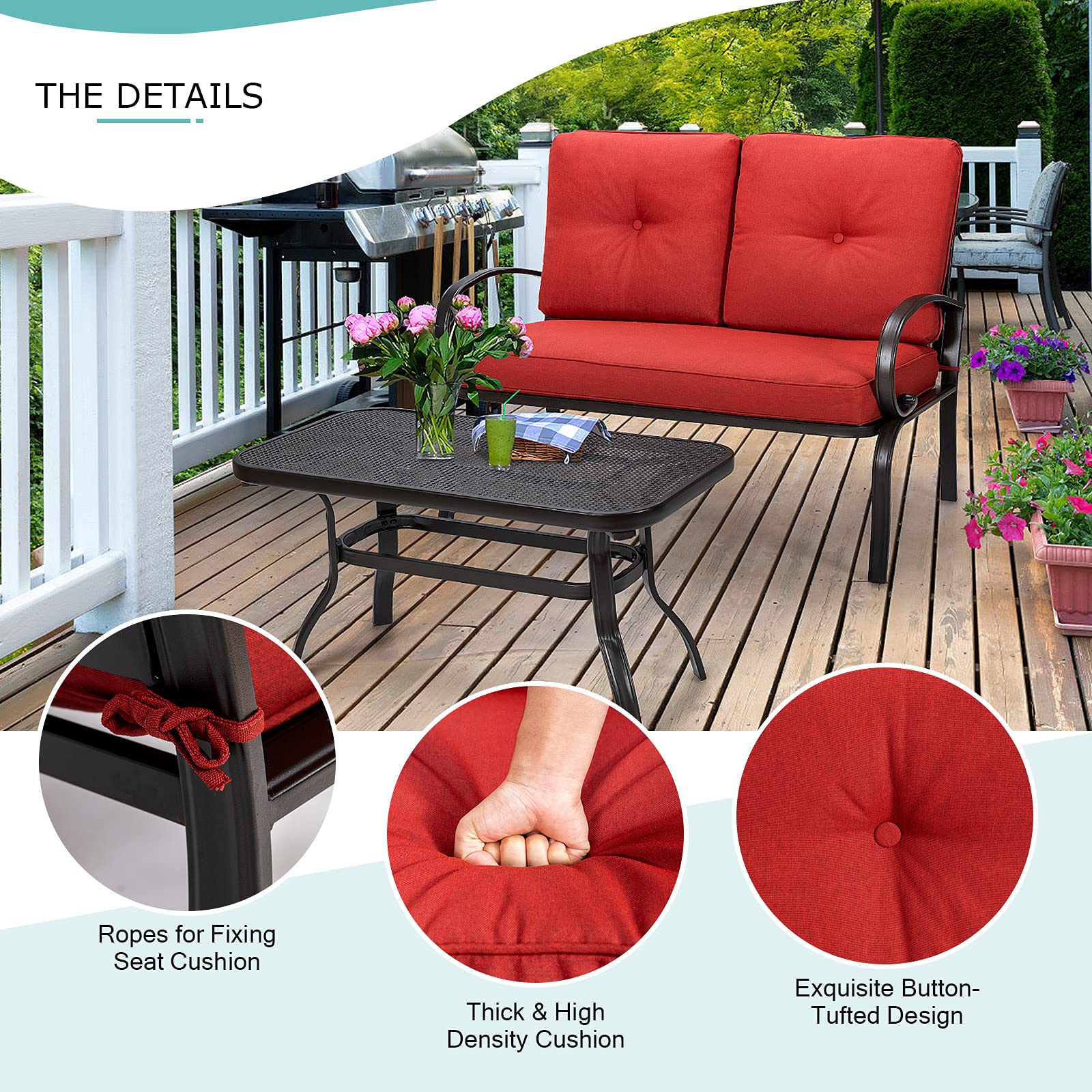 Giantex Outdoor Loveseat with Coffee Table - Patio Bench Set with Cushion & Sturdy Metal Frame - Garden, Yard, Poolside Furniture - Perfect for Relaxing, Entertaining & Sunbathing (Red & Black)