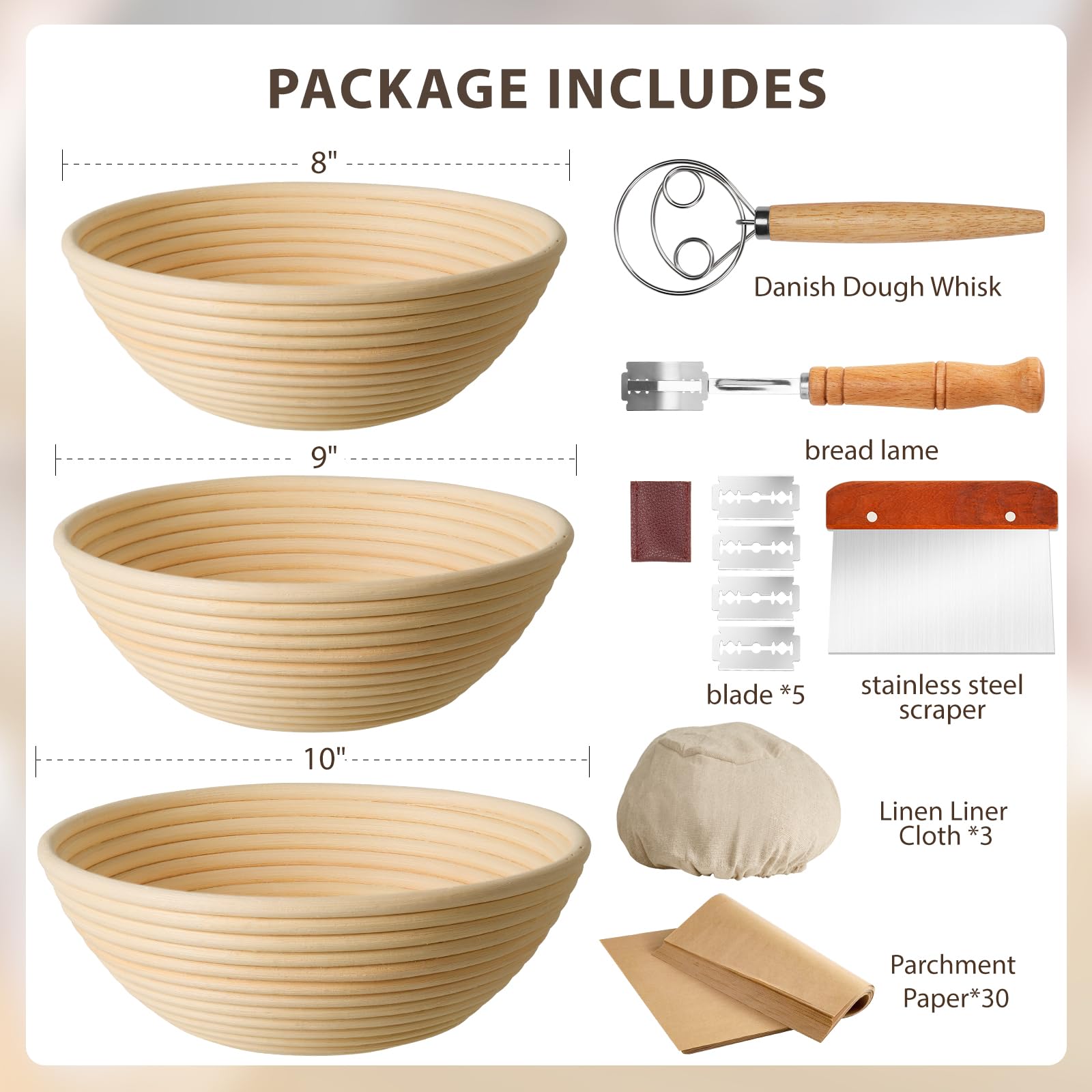 Premium Banneton Bread Proofing Basket Set of 3 (8