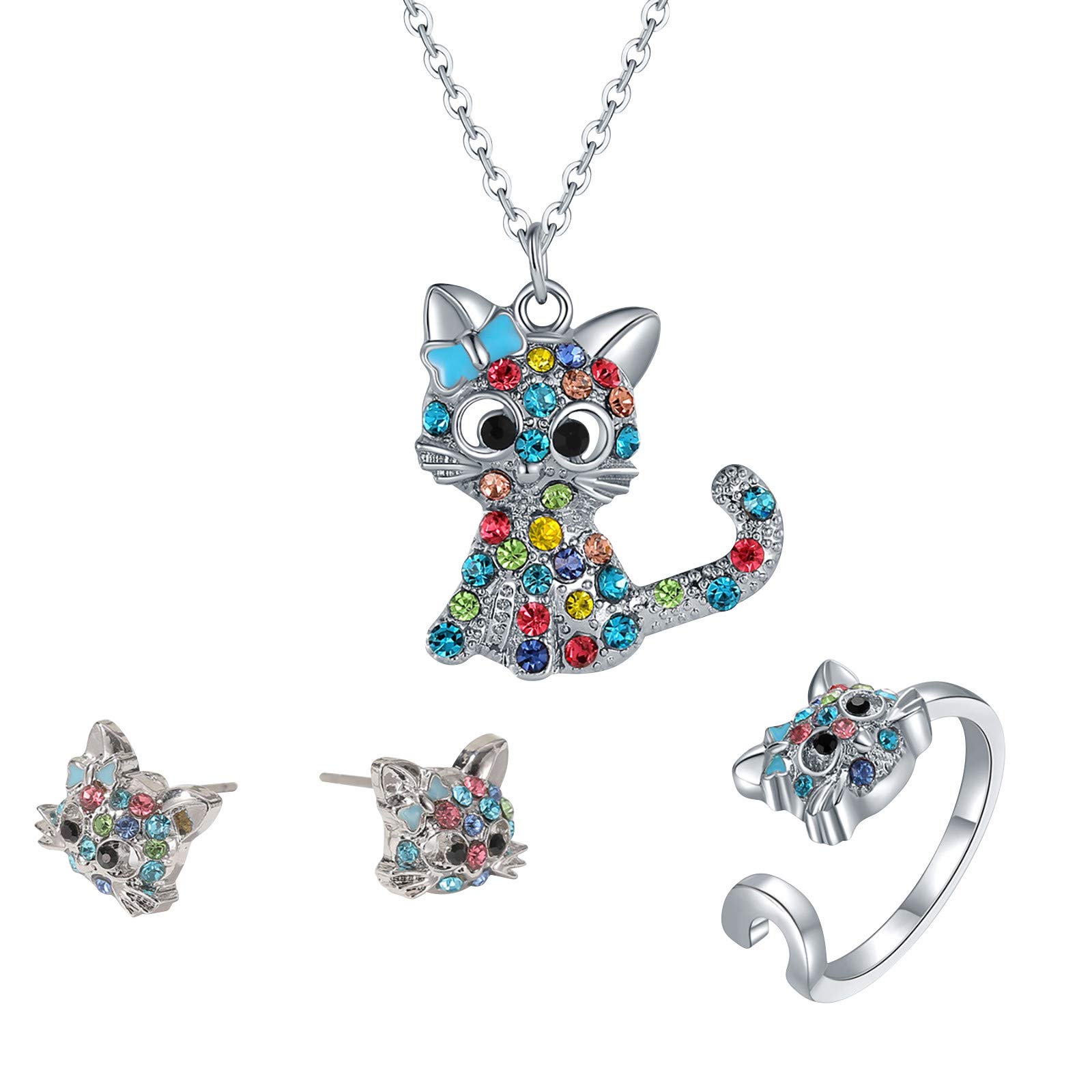 Elegant Cat Diamond Pendant Necklace & Earrings Set for Women - Fashionable Clavicle Jewelry, Cute Rings, Perfect for Parties, Gifts & Everyday Wear (Size One, Color B)