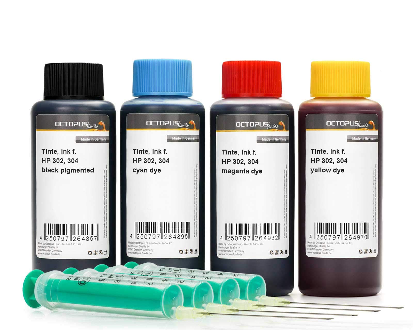 4-Pack 100ml Printer Ink Refill Kit - Compatible with HP 302 & HP 304 Cartridges (Black, Cyan, Magenta, Yellow) | Includes Refill Syringes & Gloves | Non-OEM Ink for Home & Office Printing Needs