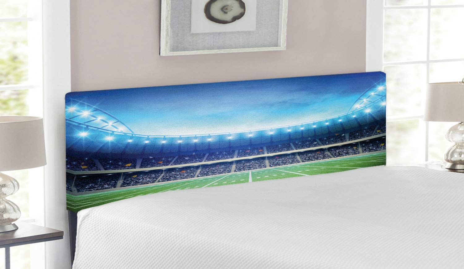 Lunarable Football-Themed Queen Size Headboard - American Stadium Green Grass Arena Design with Upholstered Memory Foam - White & Green Decorative Metal Bed Frame for Sports Fans Bedroom Decor | Perfect for Football Lovers' Home, Game Room or Sports-Themed Nursery