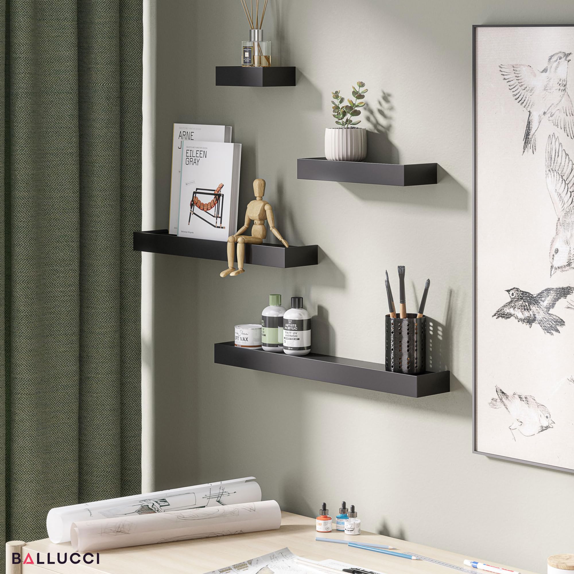 Ballucci Modern Ledge Wall Shelves - Set of 4 Wood Floating Shelves for Home Decor, Bedroom, Bathroom, Living Room, Kitchen & Nursery - Black - Perfect for Displaying Photos, Books & Decorative Items