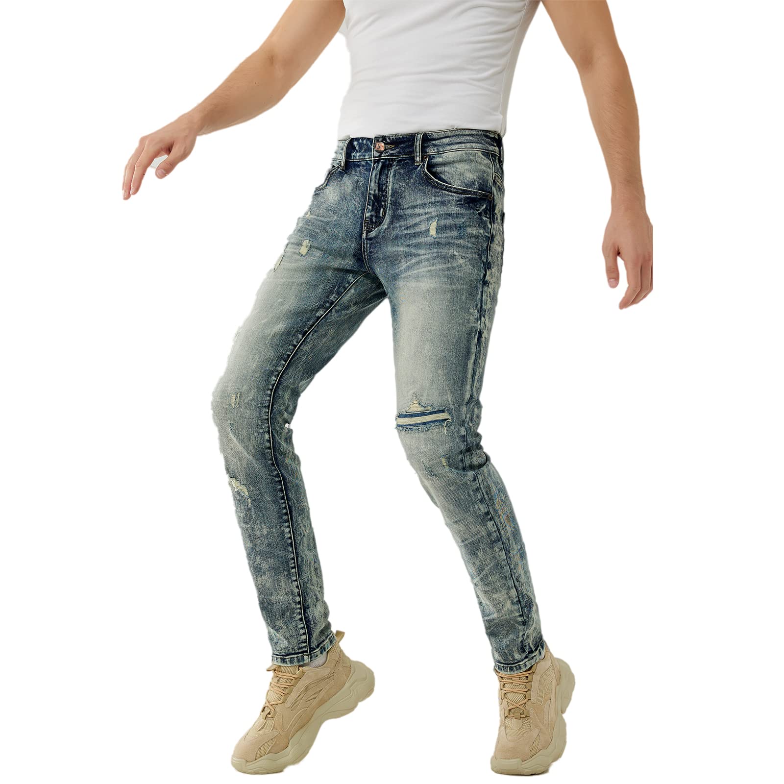 Men's Distressed Slim Fit Stretch Ripped Denim Jeans - Full Length Destroyed Wash for Casual Wear & Street Style