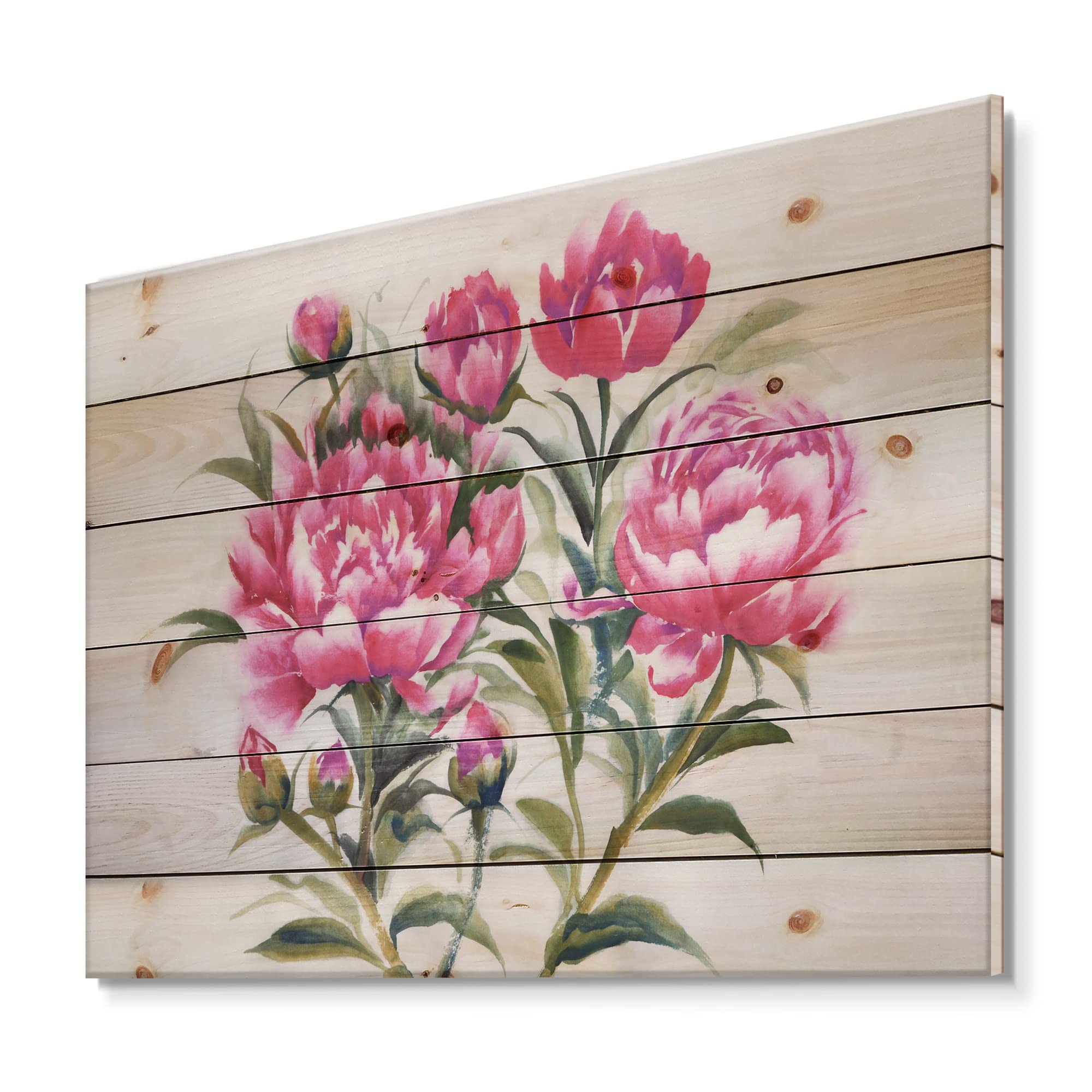 DesignQ Purple Peonies Bush Traditional Wood Wall Decor - Pink Floral Wood Wall Art - Large Pine Wood Wall Panels with Hand-Painted Peony Design - Perfect for Living Room, Bedroom & Home Office Decor