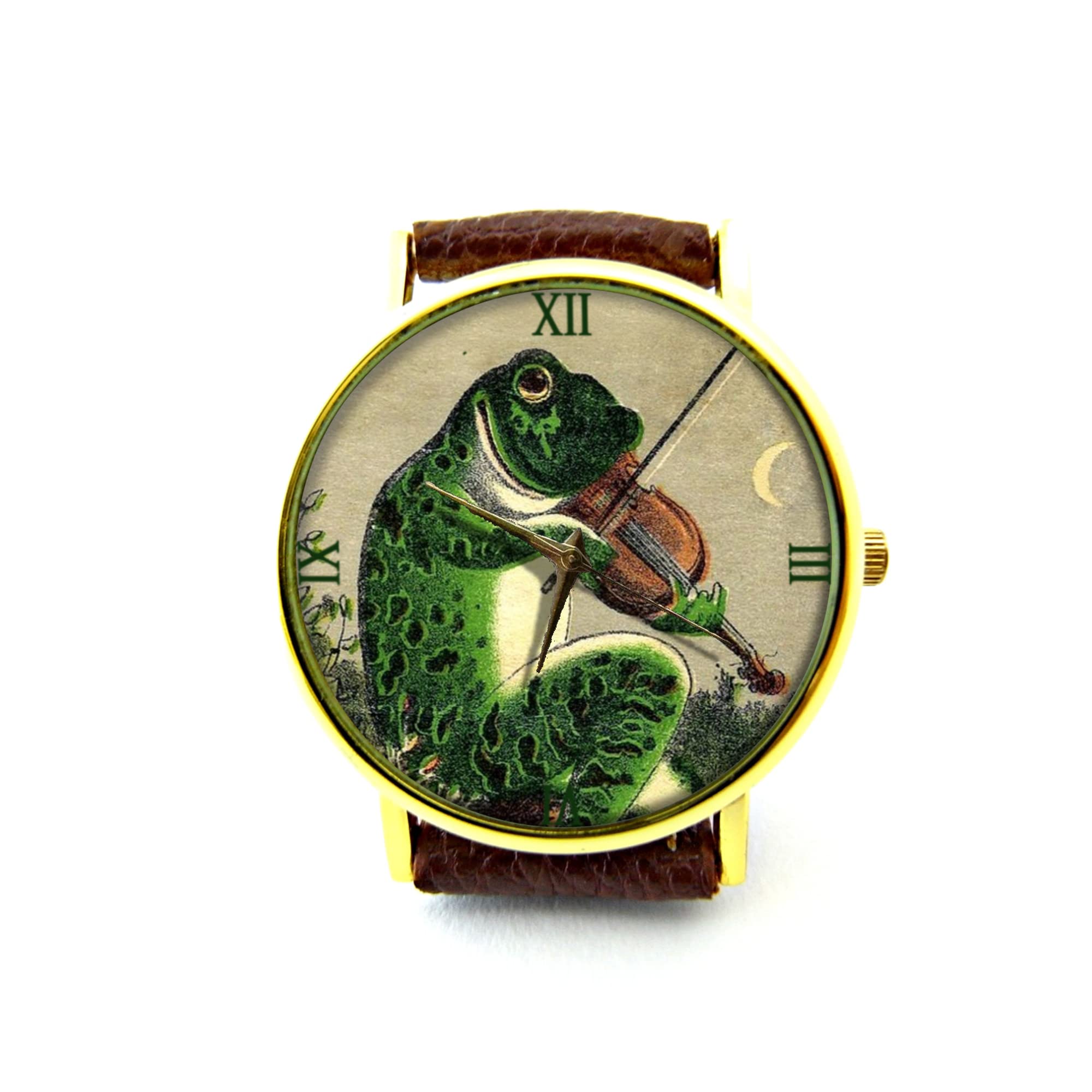 Handmade Genuine Leather Watch with Frog Playing Violin Design - Adjustable Bracelet for Men & Women | Perfect Gift for Music Lovers, Nature Enthusiasts & Fashion Accessories